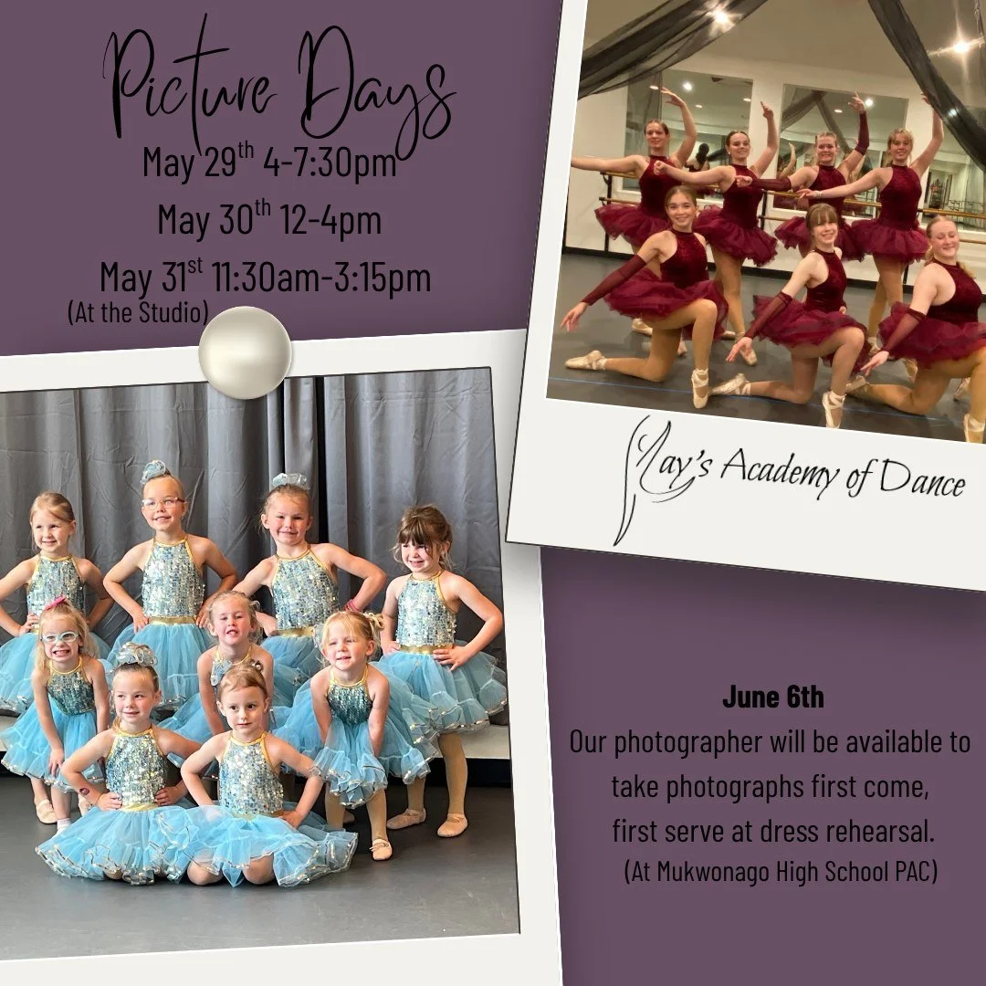 🗓️ Be sure to mark your calendars for recital picture days! On May 29th 4-7:30pm, May 30th 12-4pm and May 31st 11:30am-3:15pm a photographer will be available for individual pictures at the studio. Call or email the studio to make an appointment.
📸