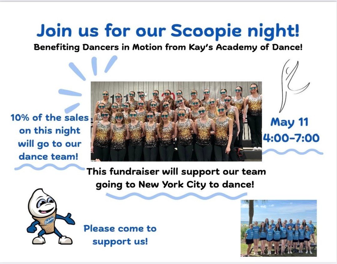 Join us for a sweet night out! 🍦💙
Stop by Culver&rsquo;s on May 11 from 4:00-7:00 PM and support our Dancers in Motion team! 10% of all sales that night will go toward helping our dancers travel to New York City 🗽✨
Bring your friends, grab some tr
