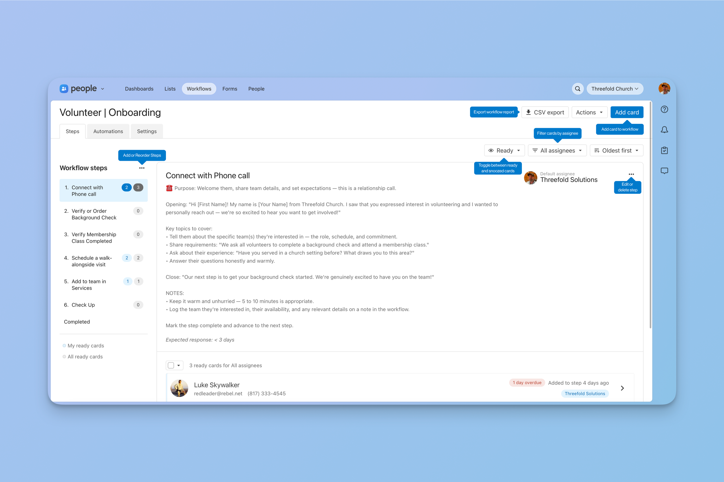 Planning Center People Workflows updated interface with callouts highlighting the key layout changes