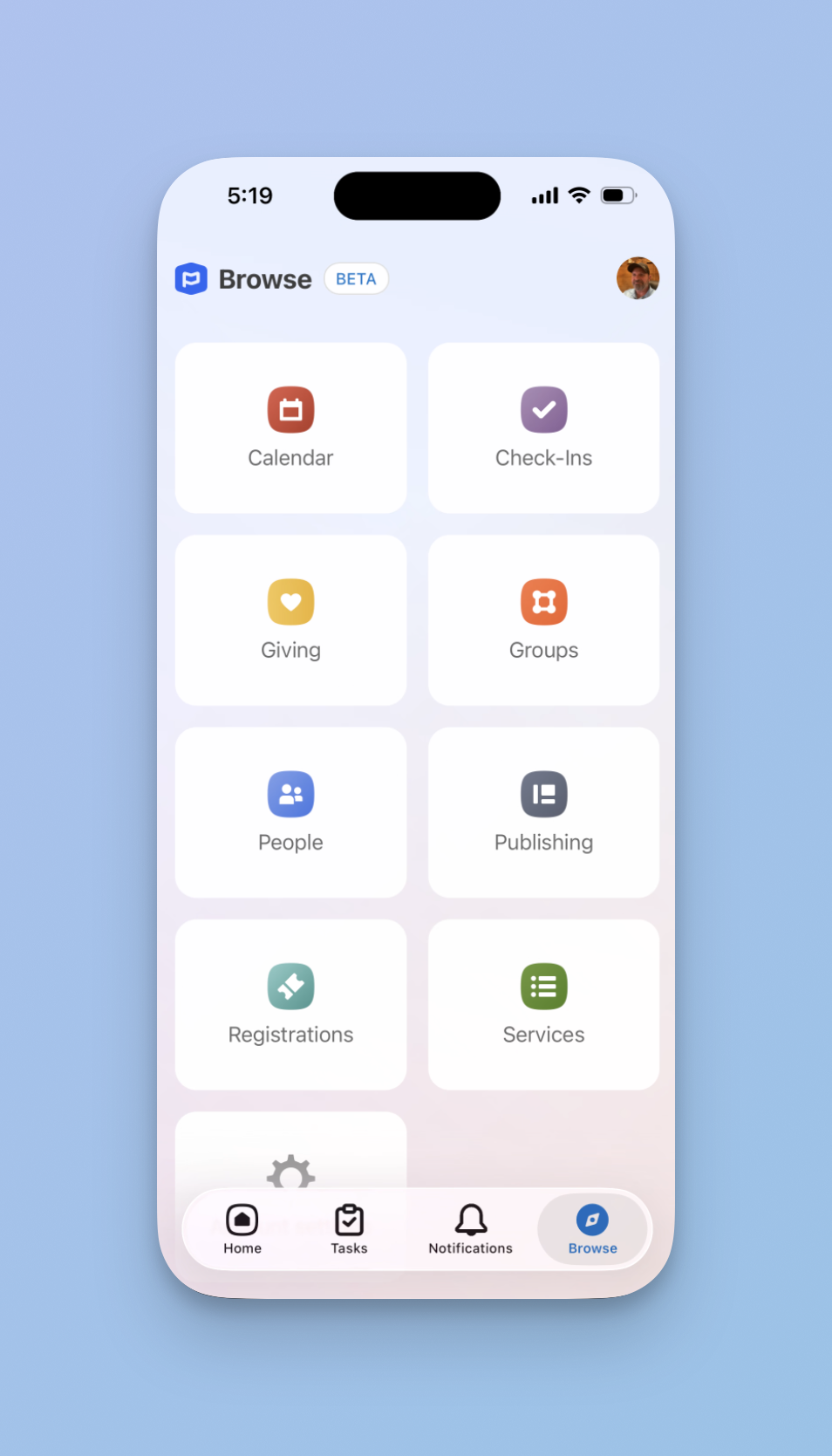 Planning Center mobile app Browse screen displaying a grid of eight product icons: Calendar, Check-Ins, Giving, Groups, People, Publishing, Registrations, and Services, with a partially visible Account Settings at the bottom.