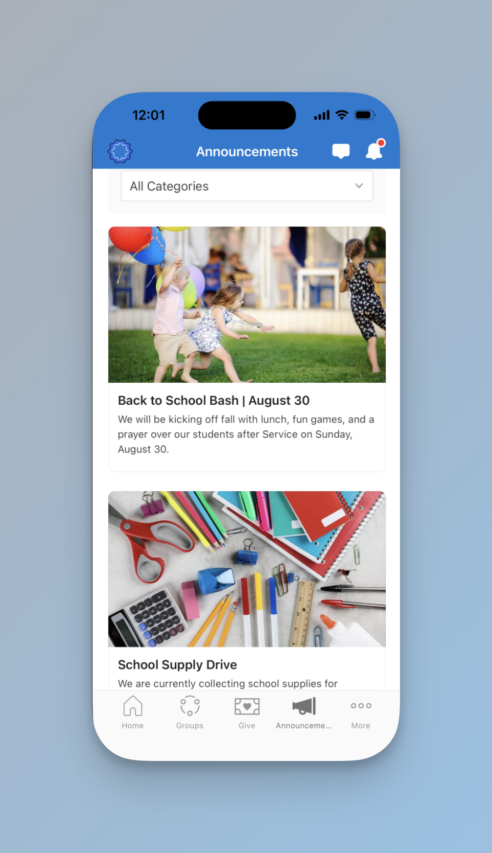 The Announcements page as it appears in the Church Center app on a mobile device, displaying two announcements, each with a photo, title, and short description, with an All Categories filter at the top.