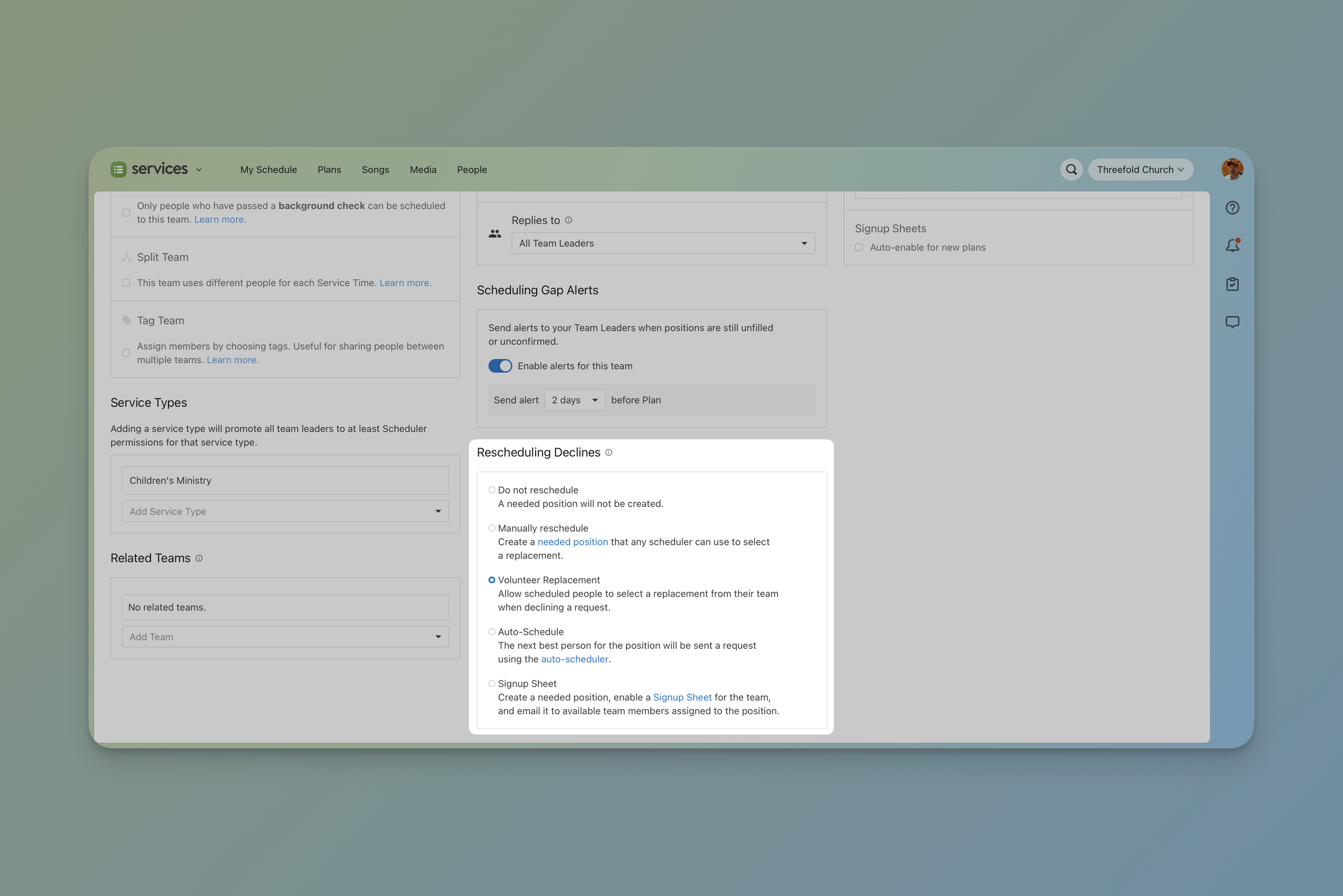 The Rescheduling Declines section in Planning Center Services team settings, with "Volunteer Replacement" selected from the five available options.