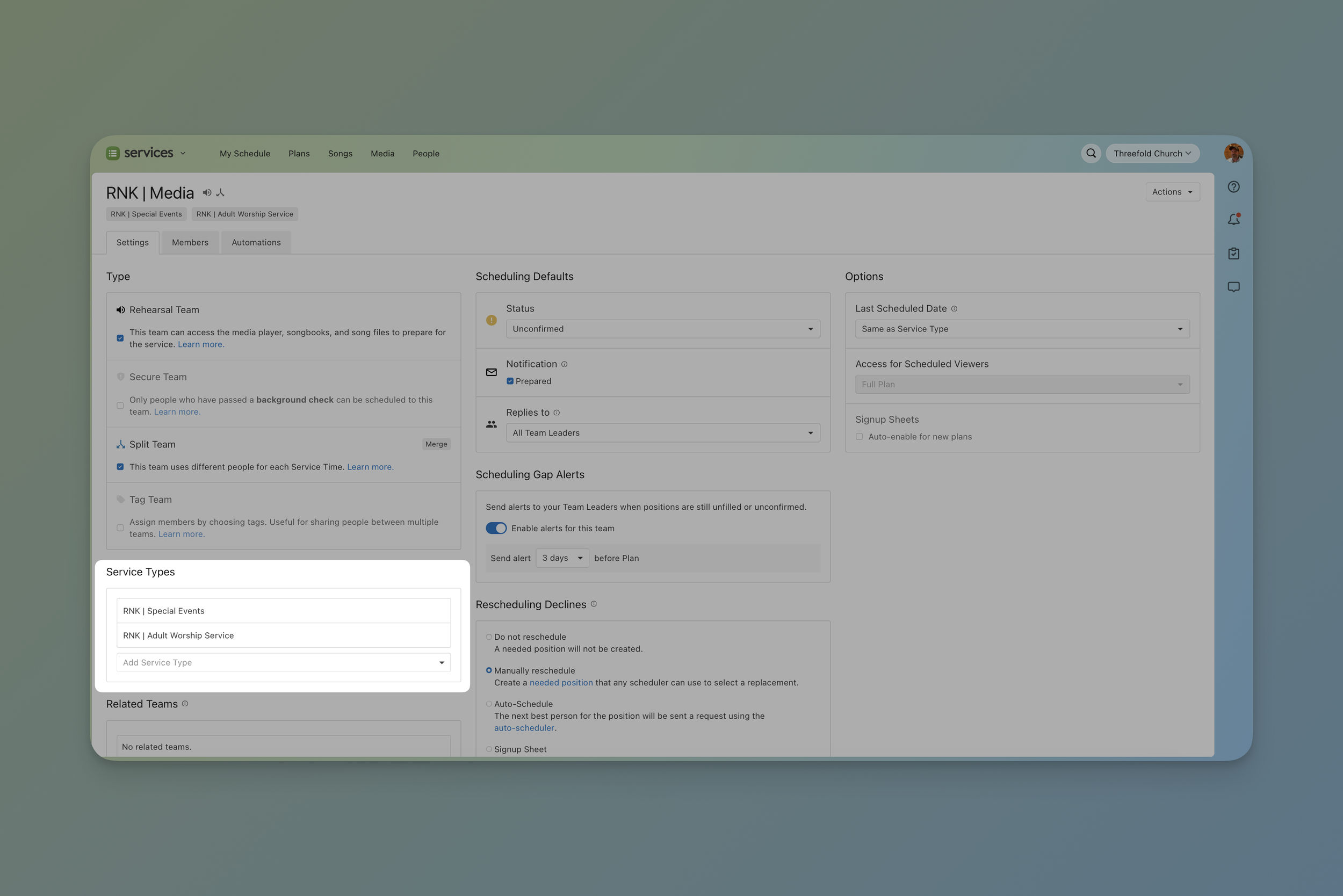 Planning Center Services team settings page showing service types, scheduling defaults, and rescheduling options.