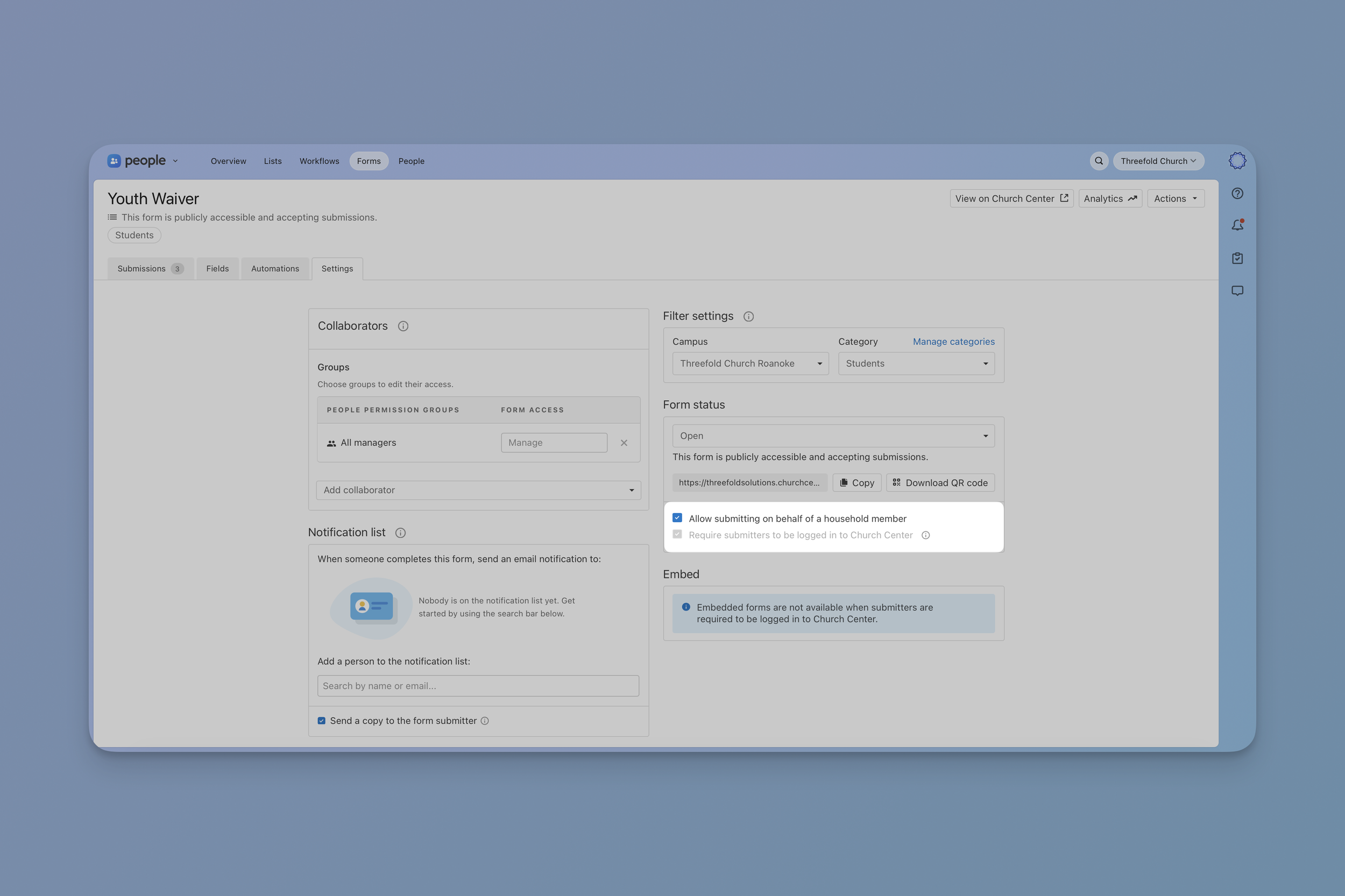 Planning Center People form settings page with the "Allow submitting on behalf of a household member" checkbox enabled under Form status.