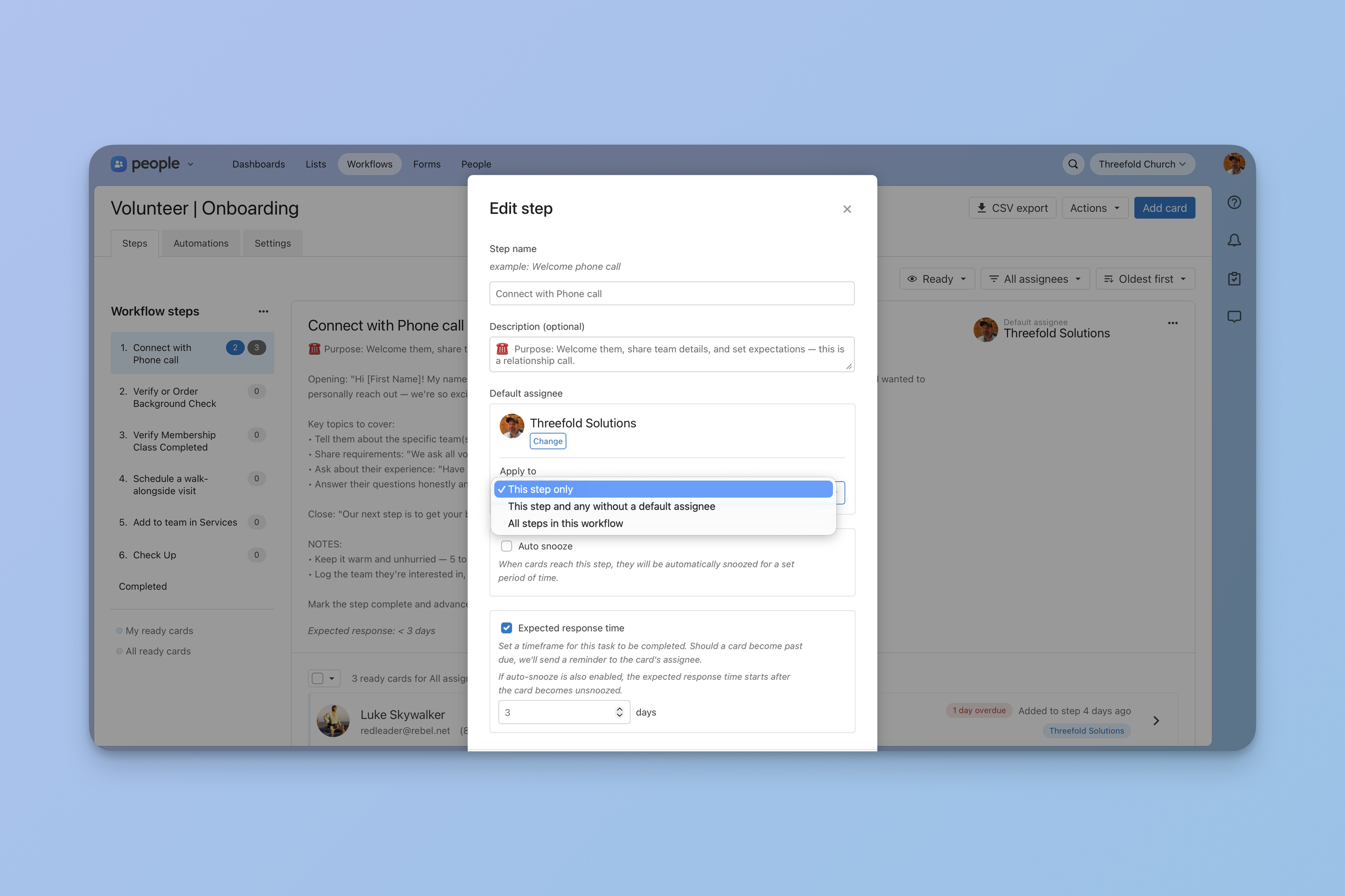 Planning Center People Workflow screen showing options to apply default assignee change to this step only, steps without a default assignee, or all steps in the workflow