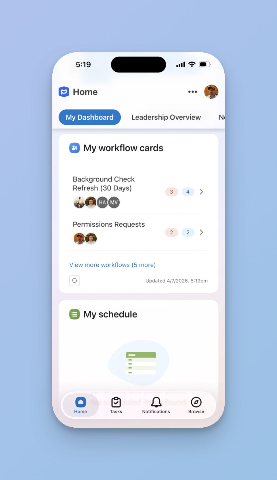 Planning Center mobile app Home screen showing the My Dashboard tab with two workflow cards with pending items, plus a My Schedule section below. Bottom navigation includes Home, Tasks, Notifications, and Browse tabs."