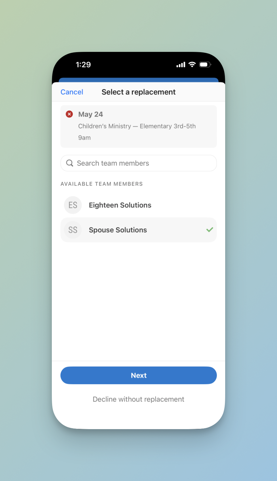 The "Select a replacement" screen in the Planning Center Services mobile app showing the available team members.