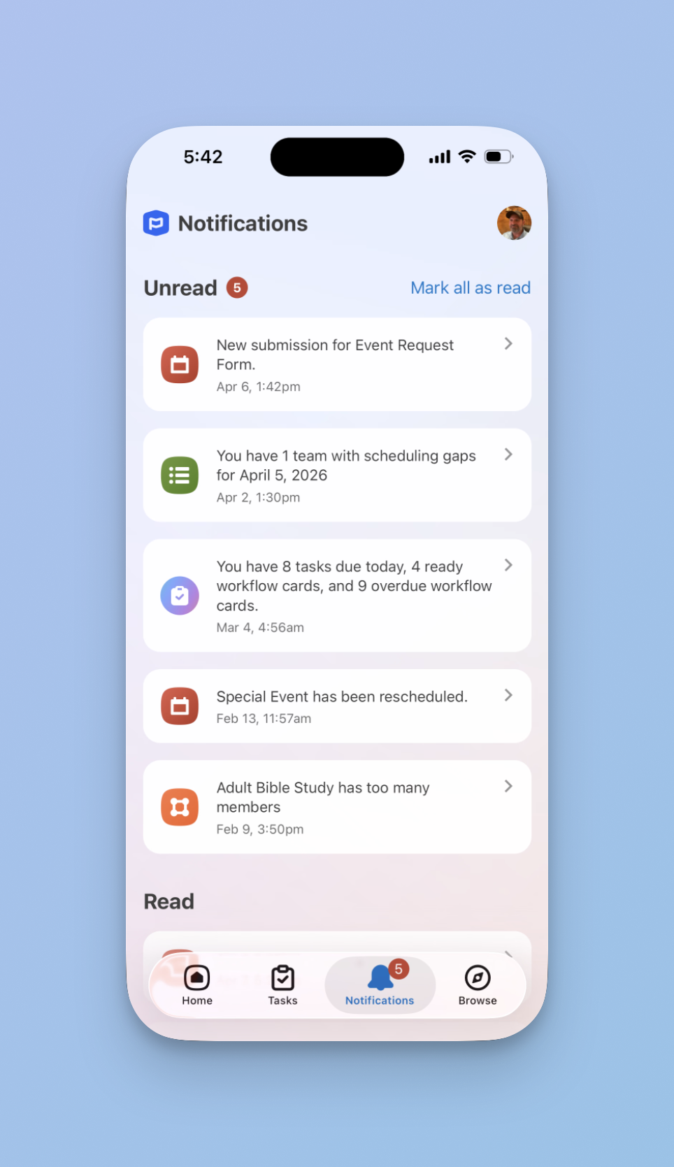 Planning Center mobile app Notifications screen showing 5 unread notifications including a new form submission, scheduling gap alert, tasks summary, rescheduled event notice, and group membership alert. Bottom navigation shows a badge of 5 unread.
