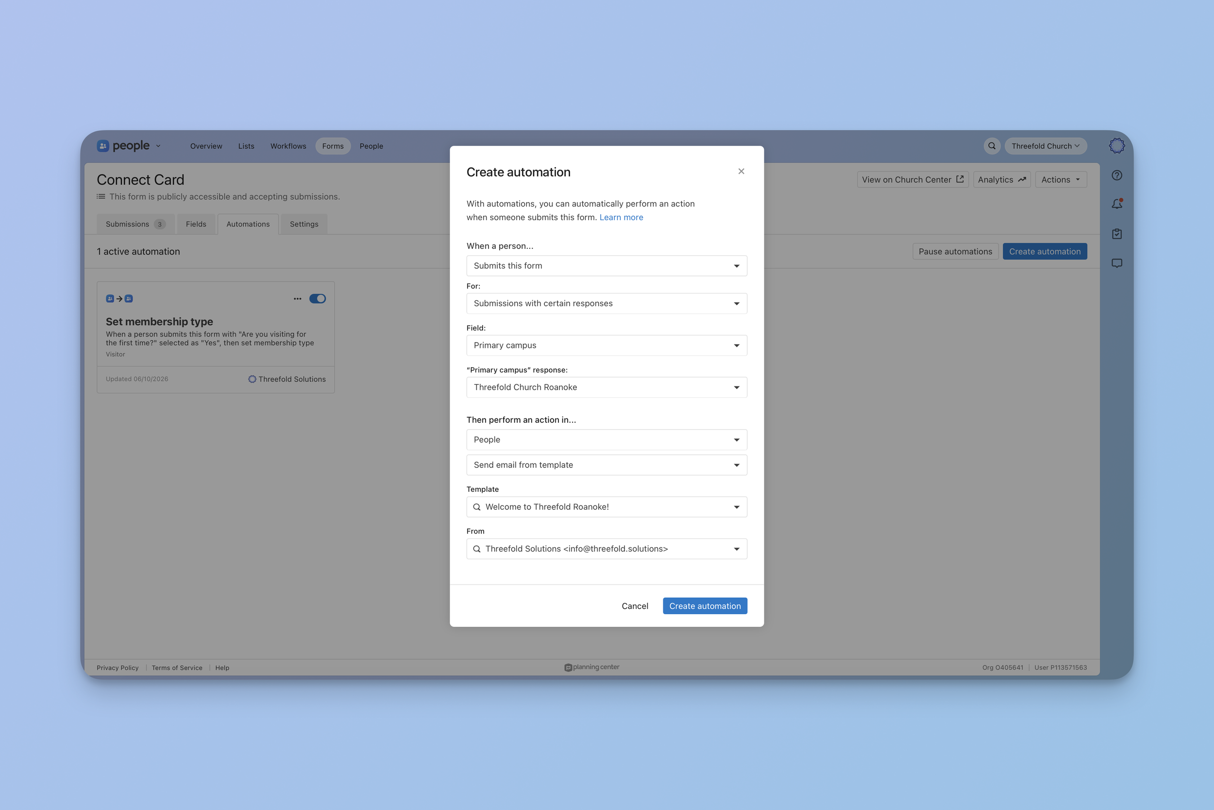 Planning Center People form automation settings showing "Submissions with certain responses" selected for a Connect Card, with Primary Campus field set to trigger a welcome email when someone selects a specific campus.