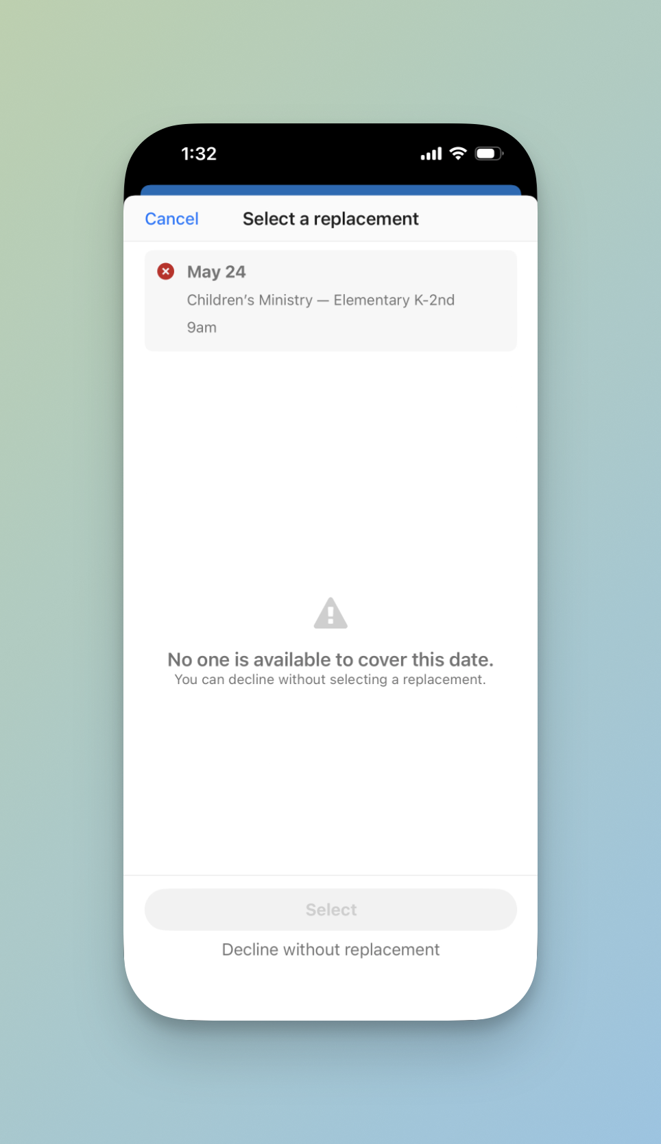 The "Select a replacement" screen in the Planning Center Services mobile app showing a "No one is available to cover this date" message with a "Decline without replacement" option.