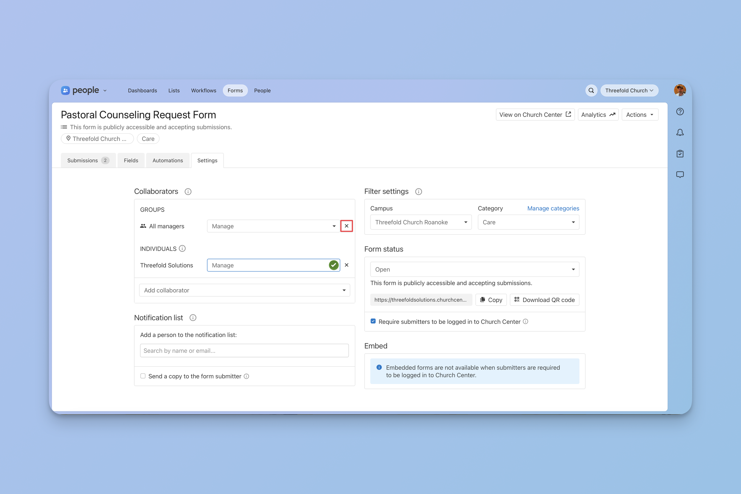 Planning Center People form Settings tab showing the All Managers group with an X button to remove it and an individual collaborator added with Manage access