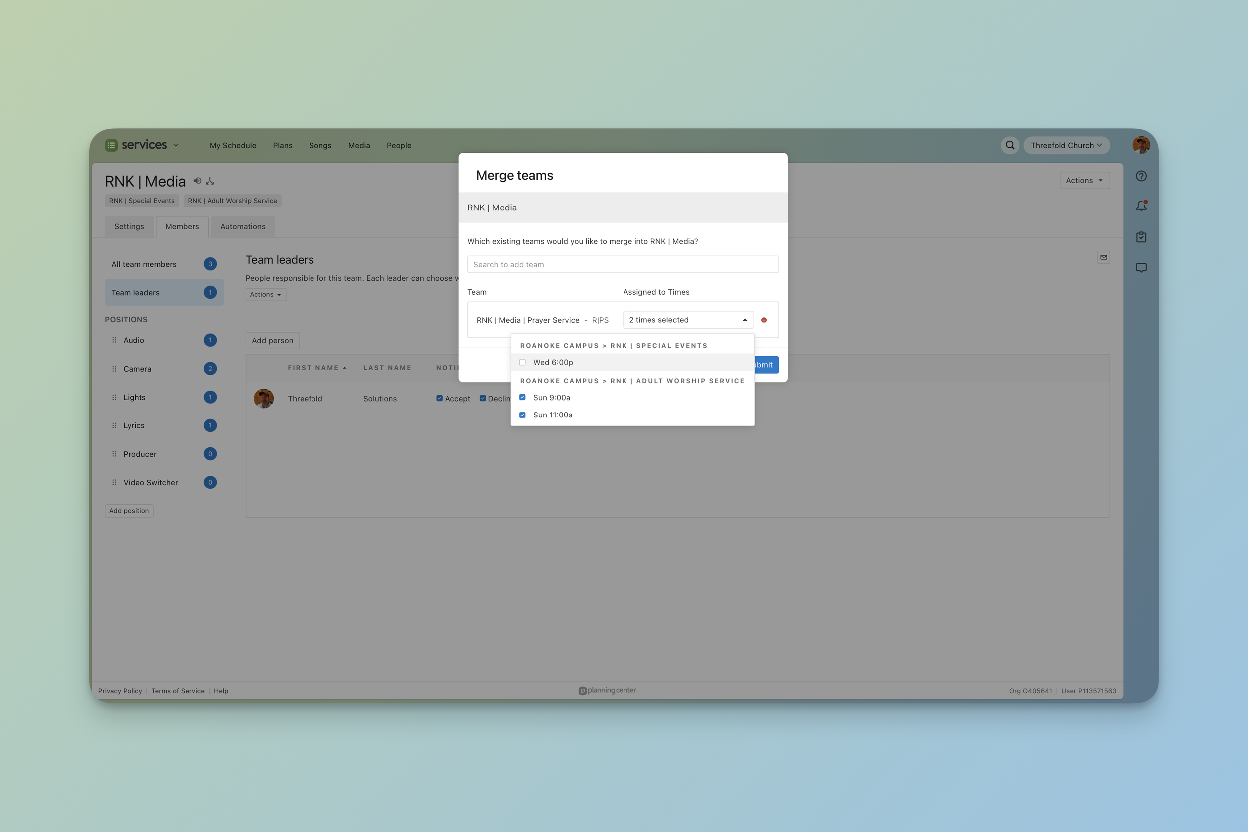 Planning Center Services Merge teams modal showing time options on split team