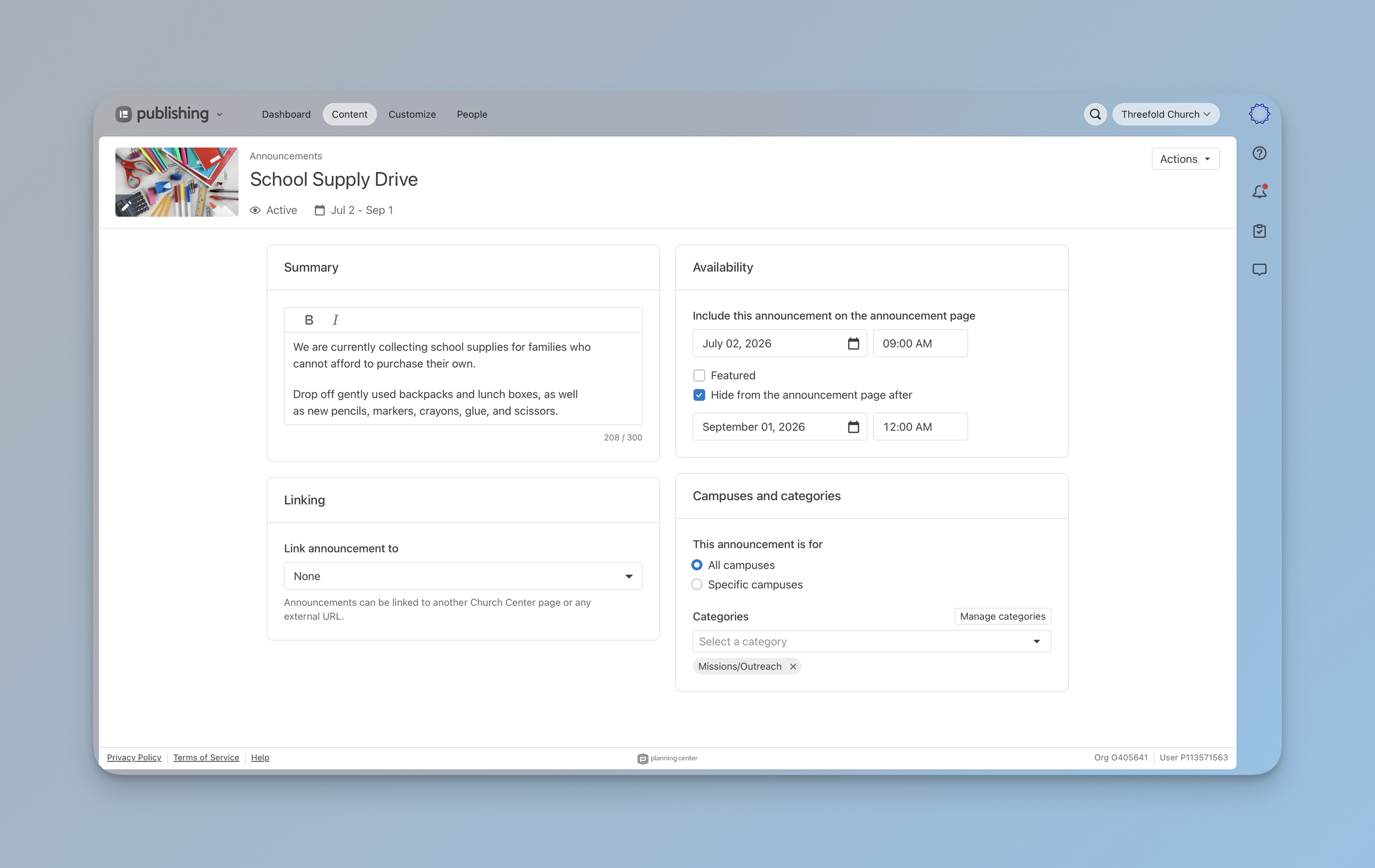 The announcement settings screen in Planning Center Publishing, showing fields for a summary, availability dates, a linking option, and campus and category assignment.