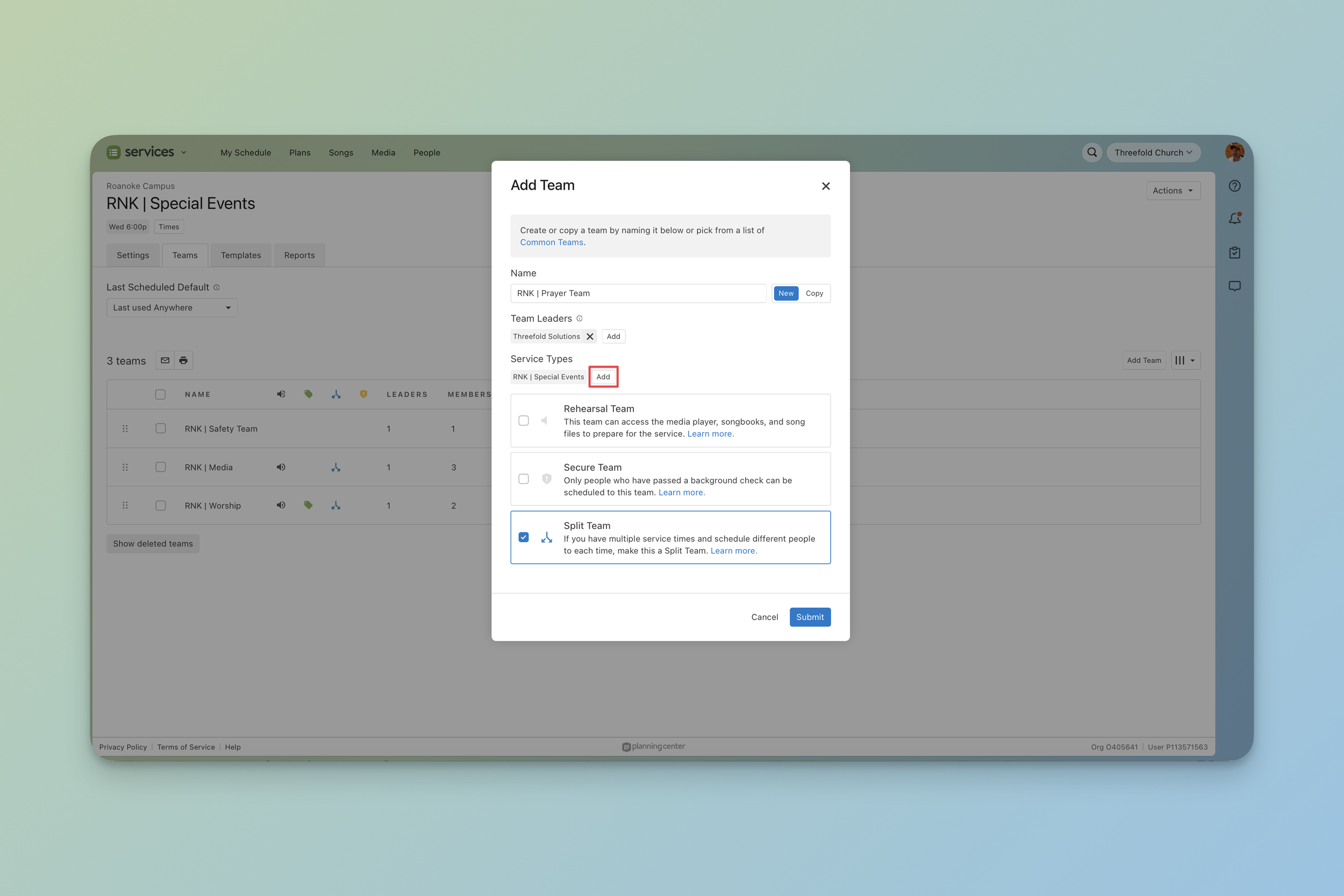 "Add Team" modal in Planning Center Services with option to Add additional Service Types