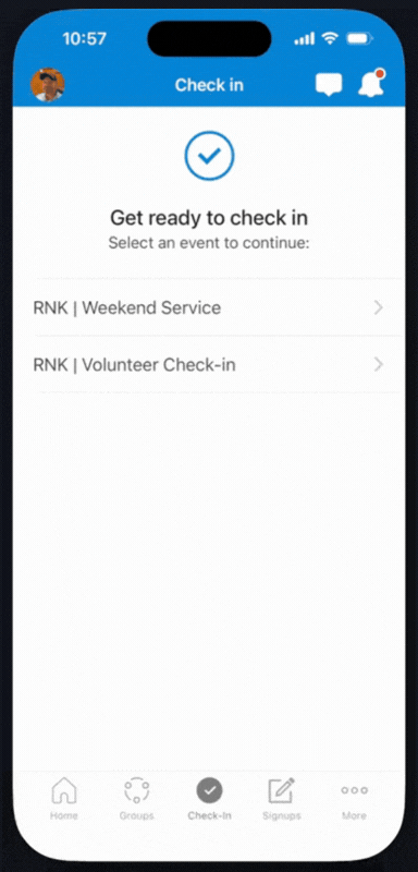 Church Center app Check-In screen displaying a security code for two checked-in attendees, their current locations, and an option to check in again.