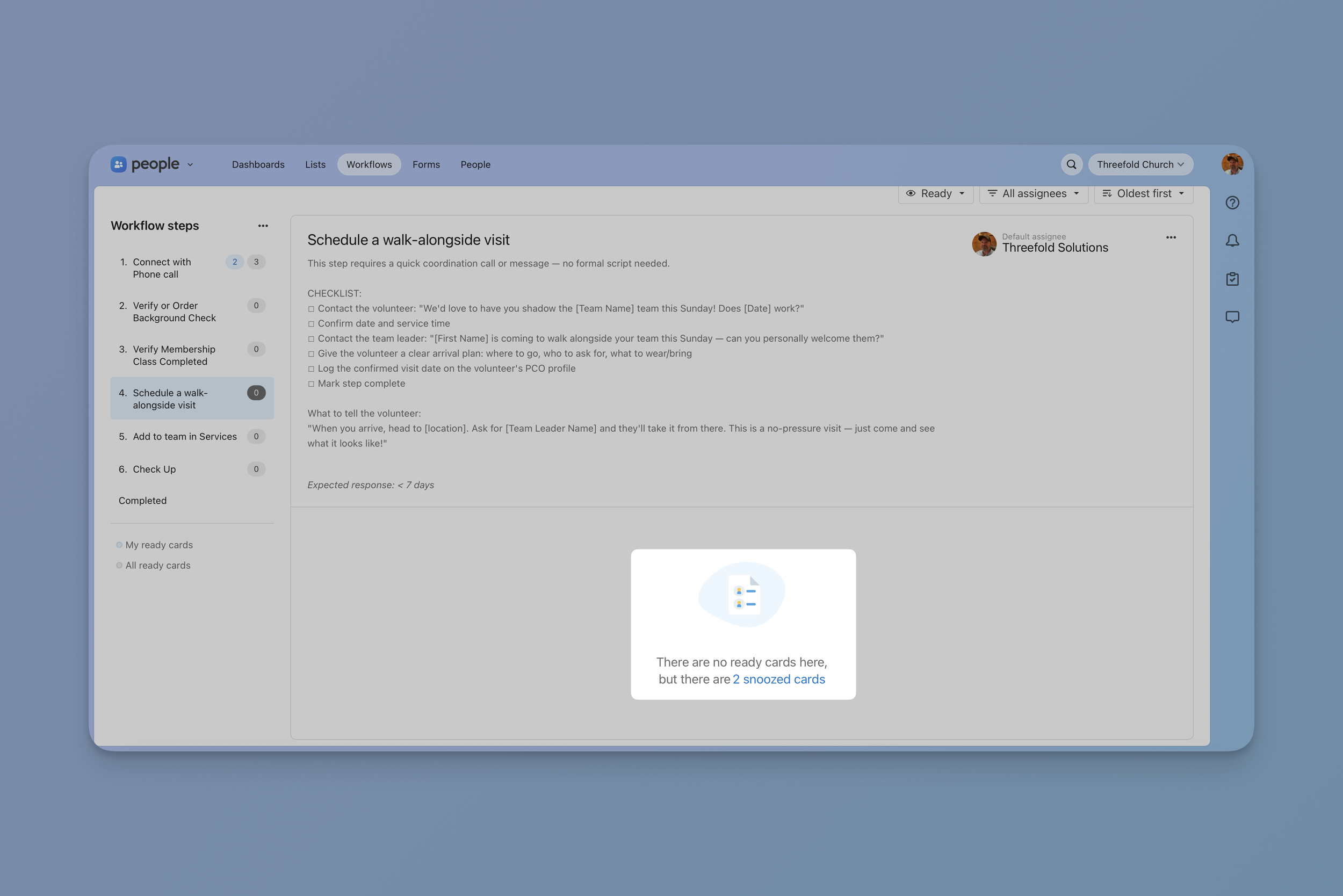 Planning Center People Workflows screen showing a message that there are no ready cards but 2 snoozed cards.