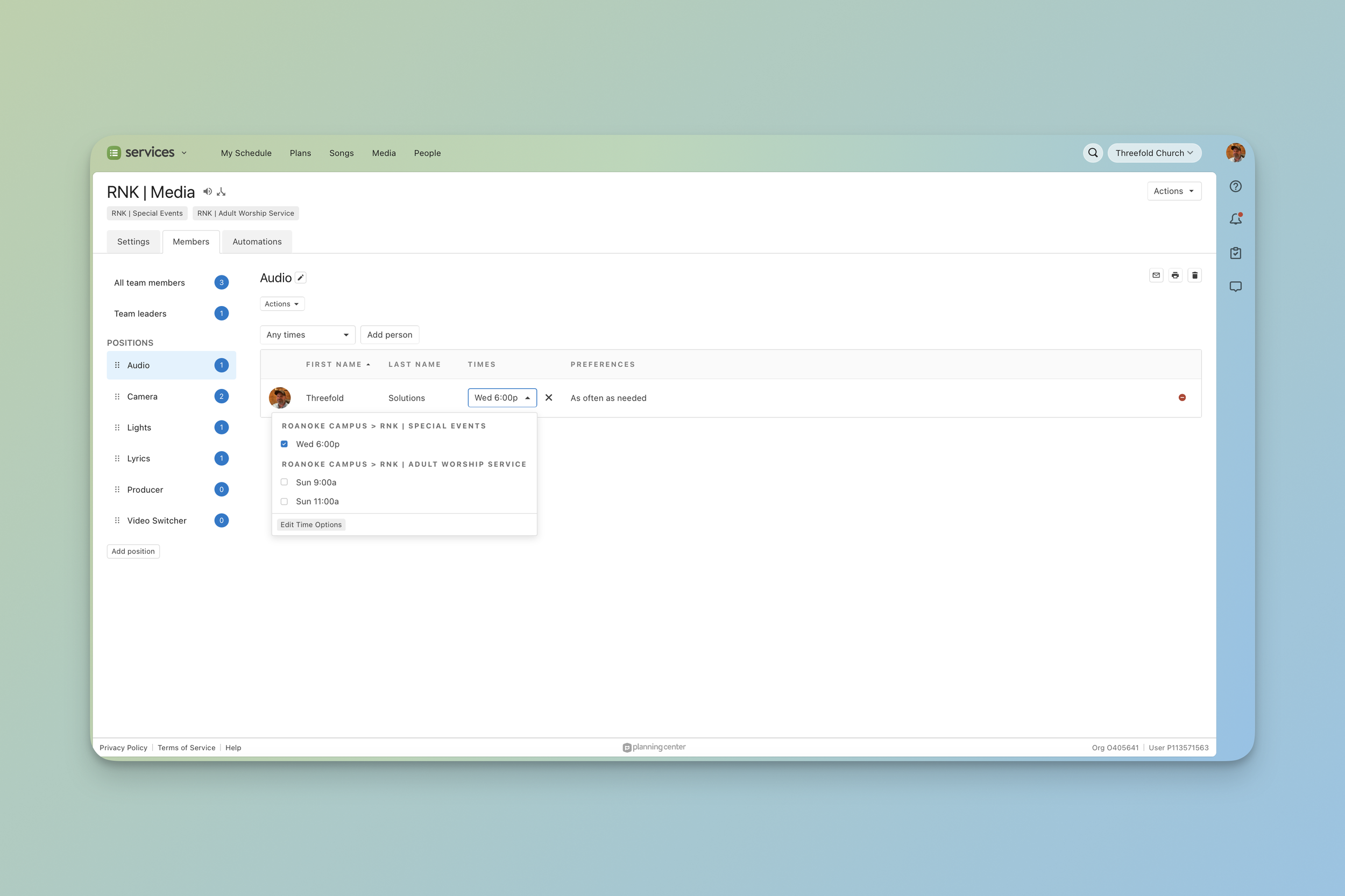Planning Center Services team member view with the time preference dropdown open, displaying service times across multiple Service Types