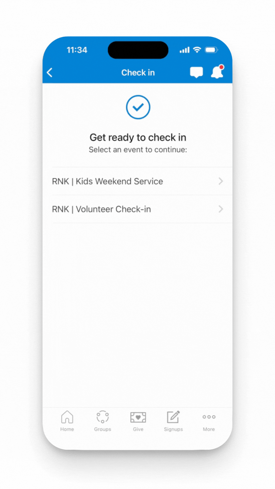 Church Center app Check-In screen showing a security code for two people who are already checked in, as well as current locations and button to check in again