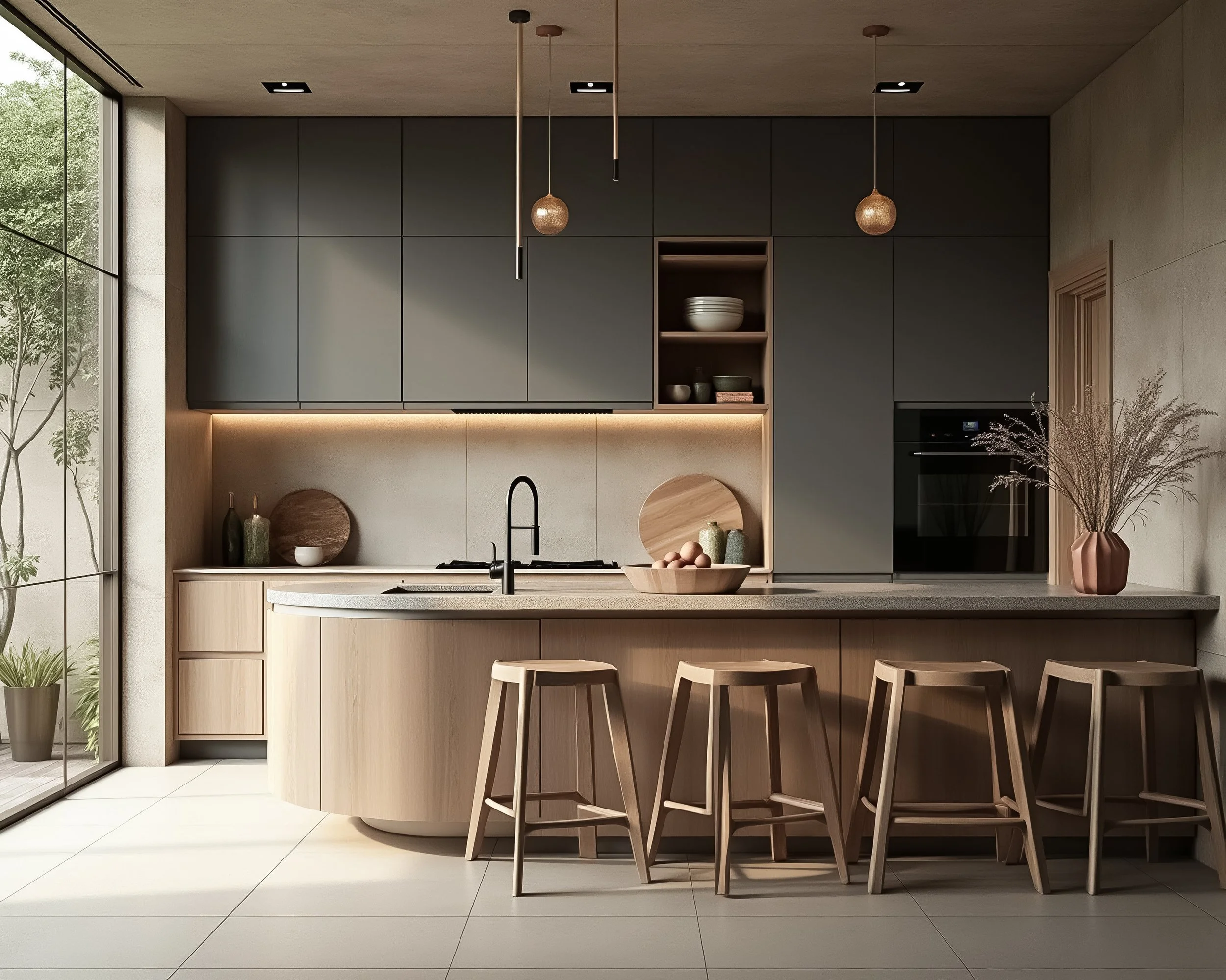 Modern kitchen with natural wood cabinets, black upper cabinets, and a large island with stools. There are decorative vases, bowls, and a large flower arrangement on the countertops. Large floor-to-ceiling windows let in natural light and show greenery outside.