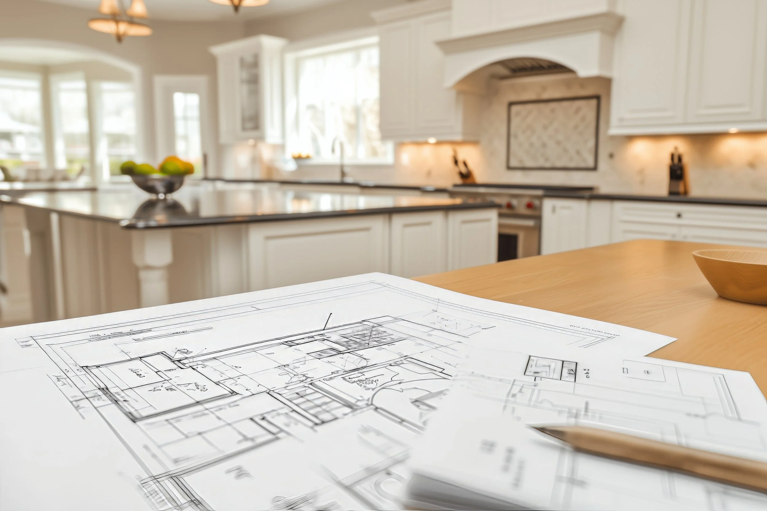 Architectural blueprints on a table in a bright, modern kitchen with white cabinets and large windows.