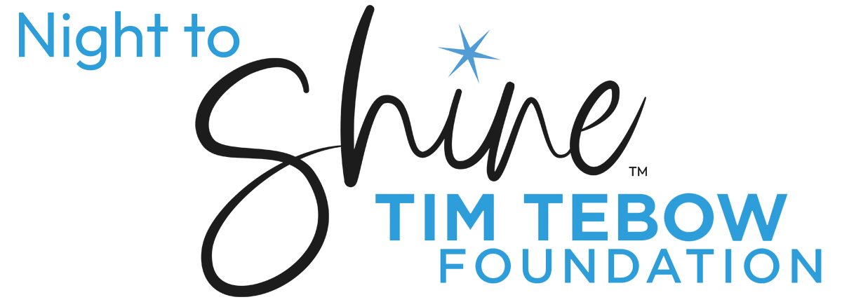 Logo for Night to Shine Tim Tebow Foundation featuring the word "Shine" with a star above the "i" and the text "Night to Shine" and "Tim Tebow Foundation" in blue.