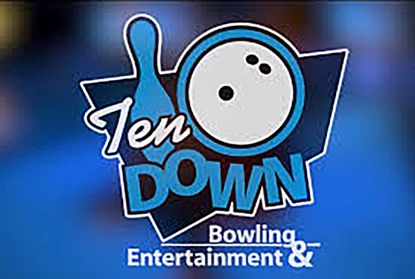 Logo for Ten Down Bowling & Entertainment featuring a stylized bowling ball, pin, and text.