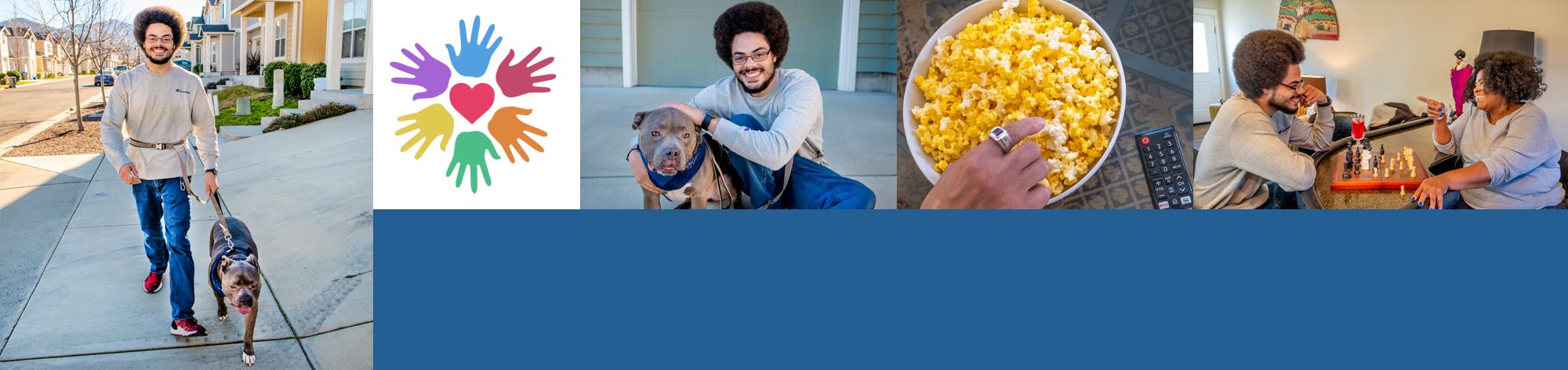 A collage of five images: a man walking his dog on a suburban street, a colorful logo of hands around a heart, a man with glasses sitting on the ground petting a dog, a bowl of popcorn, and two people playing chess indoors.