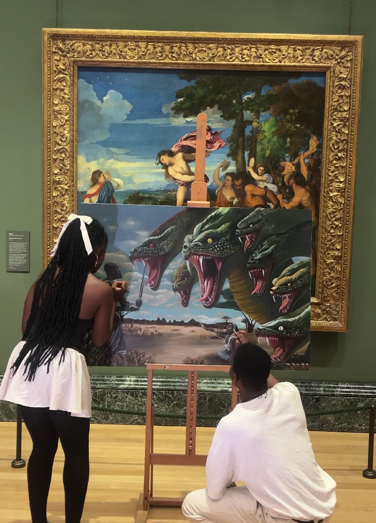 Artists Adwoah and Solomon painting at the National Gallery