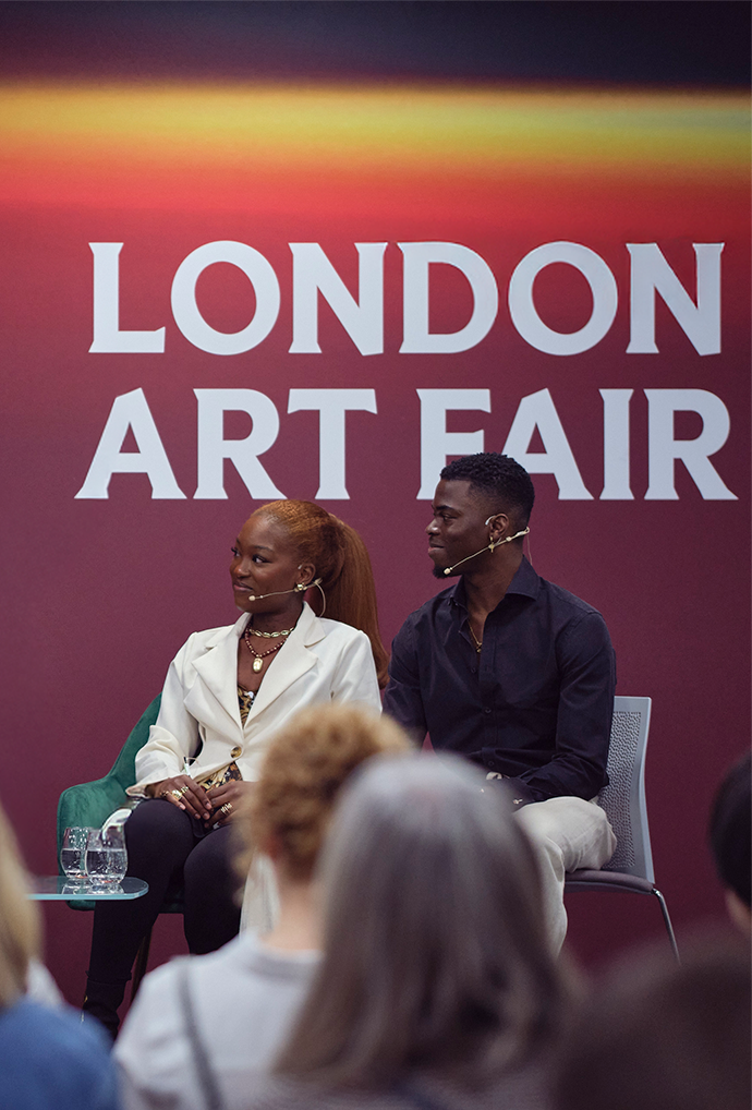 Adwoah and Solomon, artists, storytellers, and creators on stage at London Art Fair