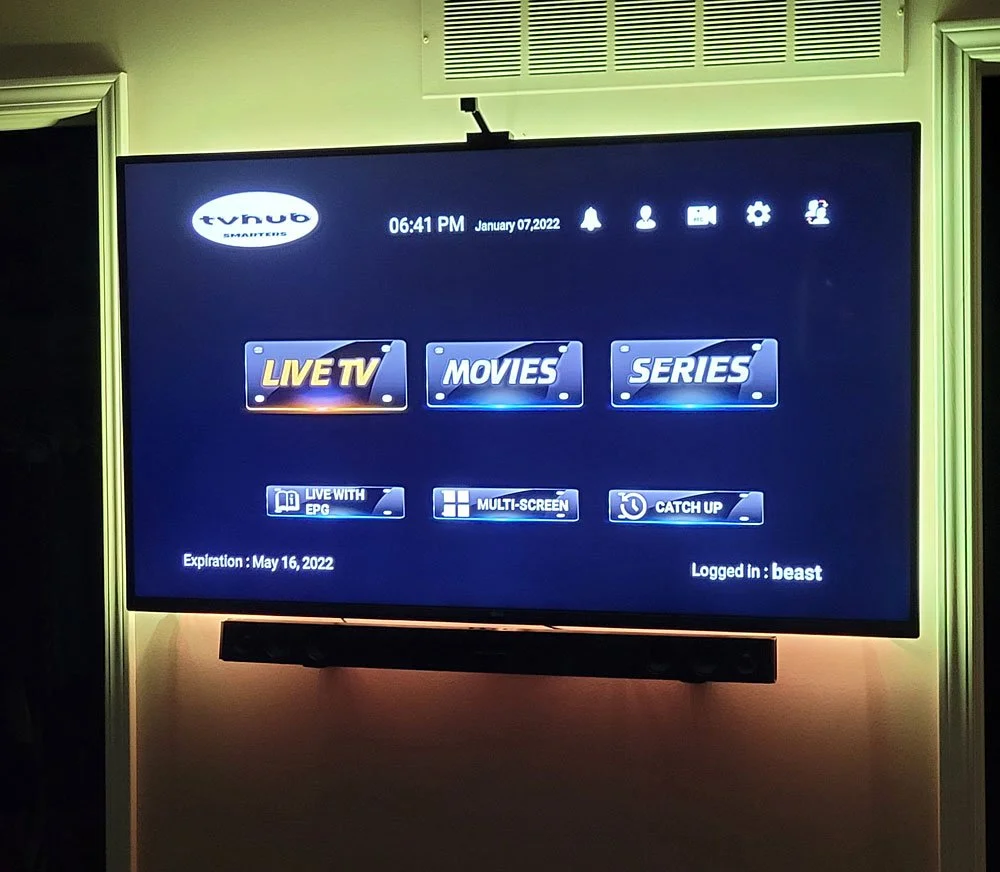 Smart TV menu screen displaying options for Live TV, Movies, Series, with icons for notifications, user profile, settings, and logout. The screen shows the time 6:41 PM, date January 7, 2022, and the logged-in user is 'beast'.