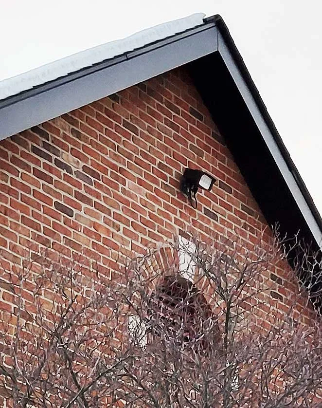 Close-up of a brick house exterior showing a security light, leafless bushes in the foreground, and snow on the roof.