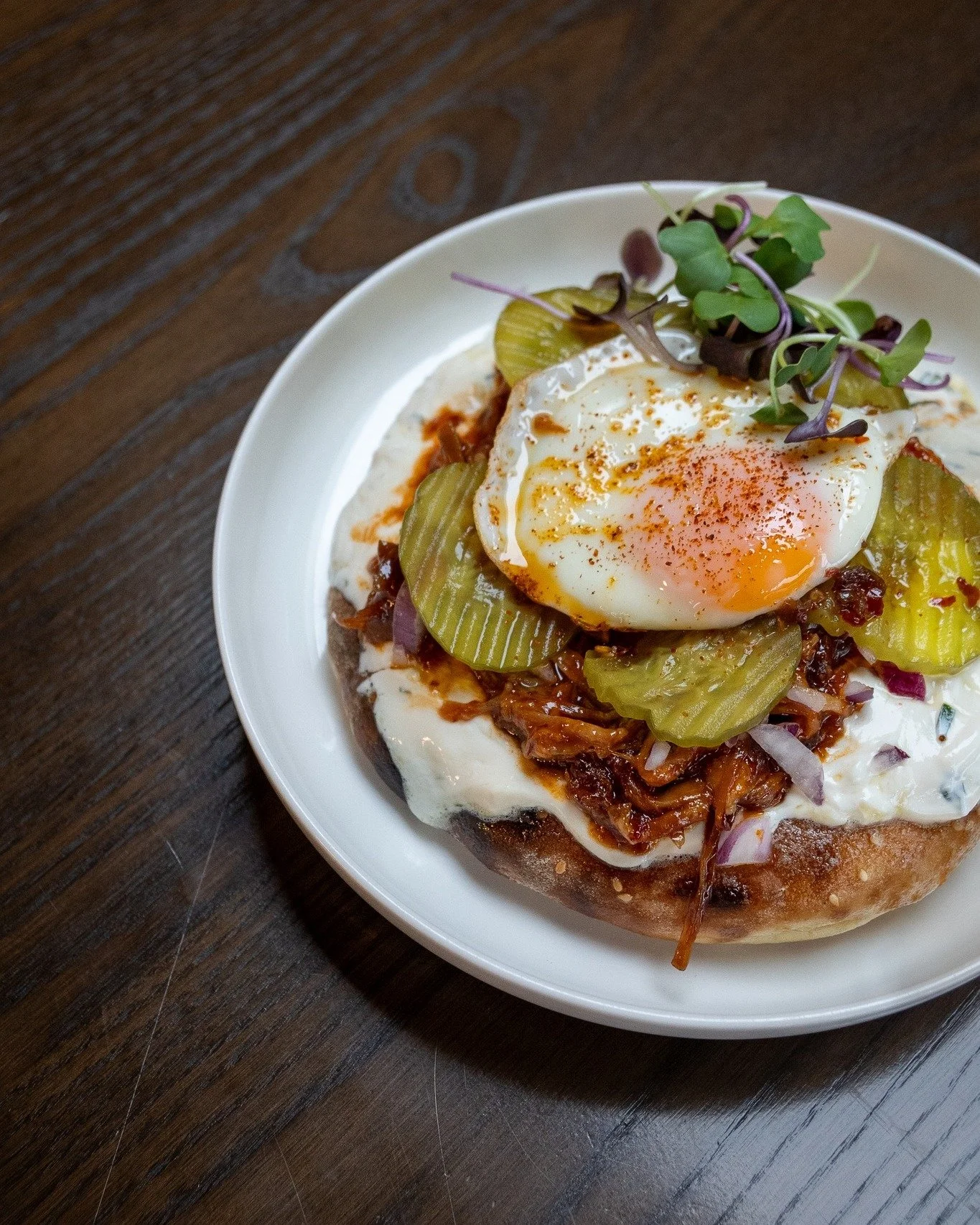 a new crowd favourite!

PULLED PORK TURKISH BREAD
garlic turkish bread, miso labneh, bbq pulled pork, dill pickle chips, fried egg, chilli crunch, togarashi.

8 till 4, every day.