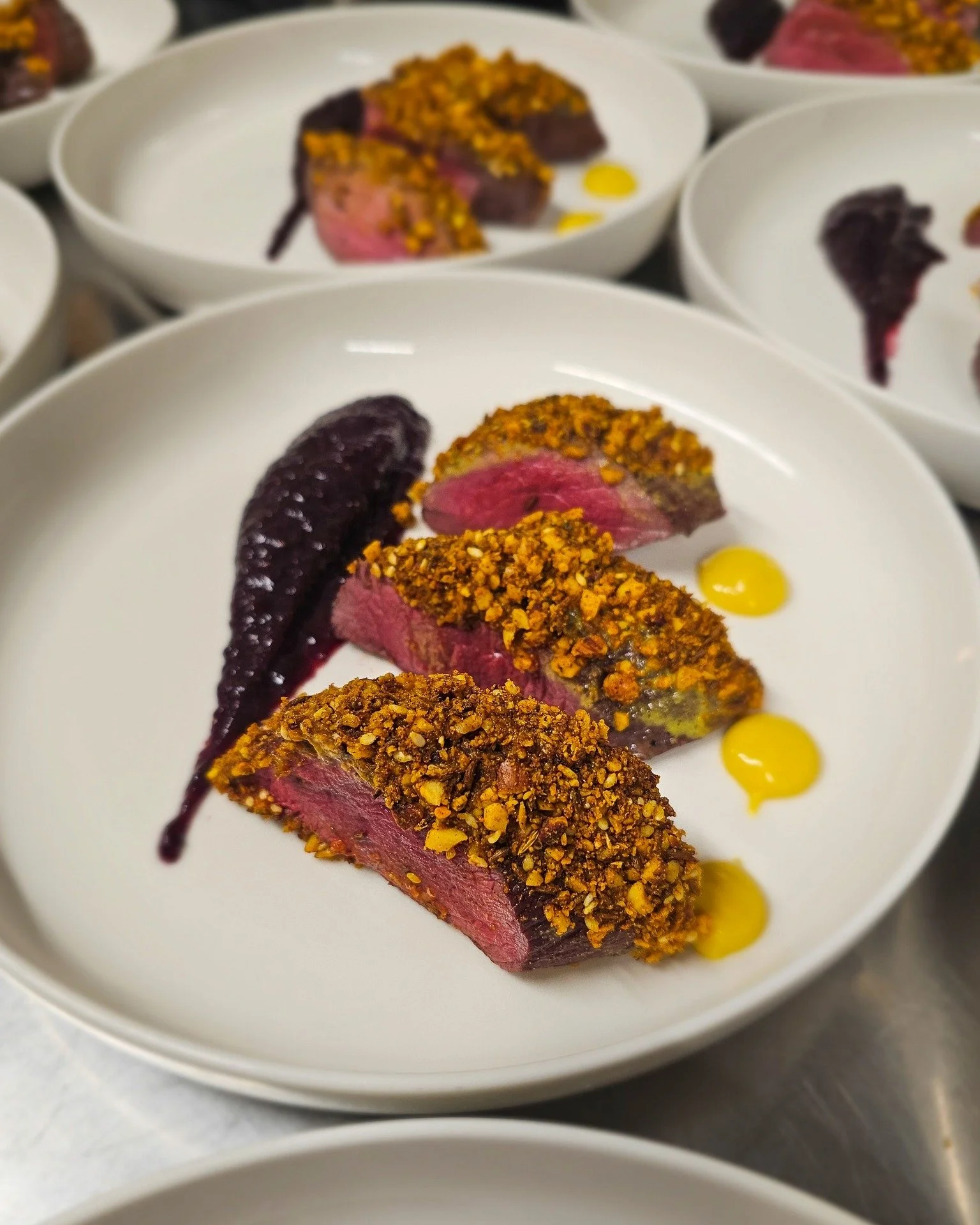 thanks to everyone who joined us for supper club! 
a fun saturday night, with a 3-course dinner themed around &quot;it's all fun and game&quot;.

to start &mdash; seared venison tournedos, dukkah crumb, blueberry fig puree, piquant mustard. 
and &mda