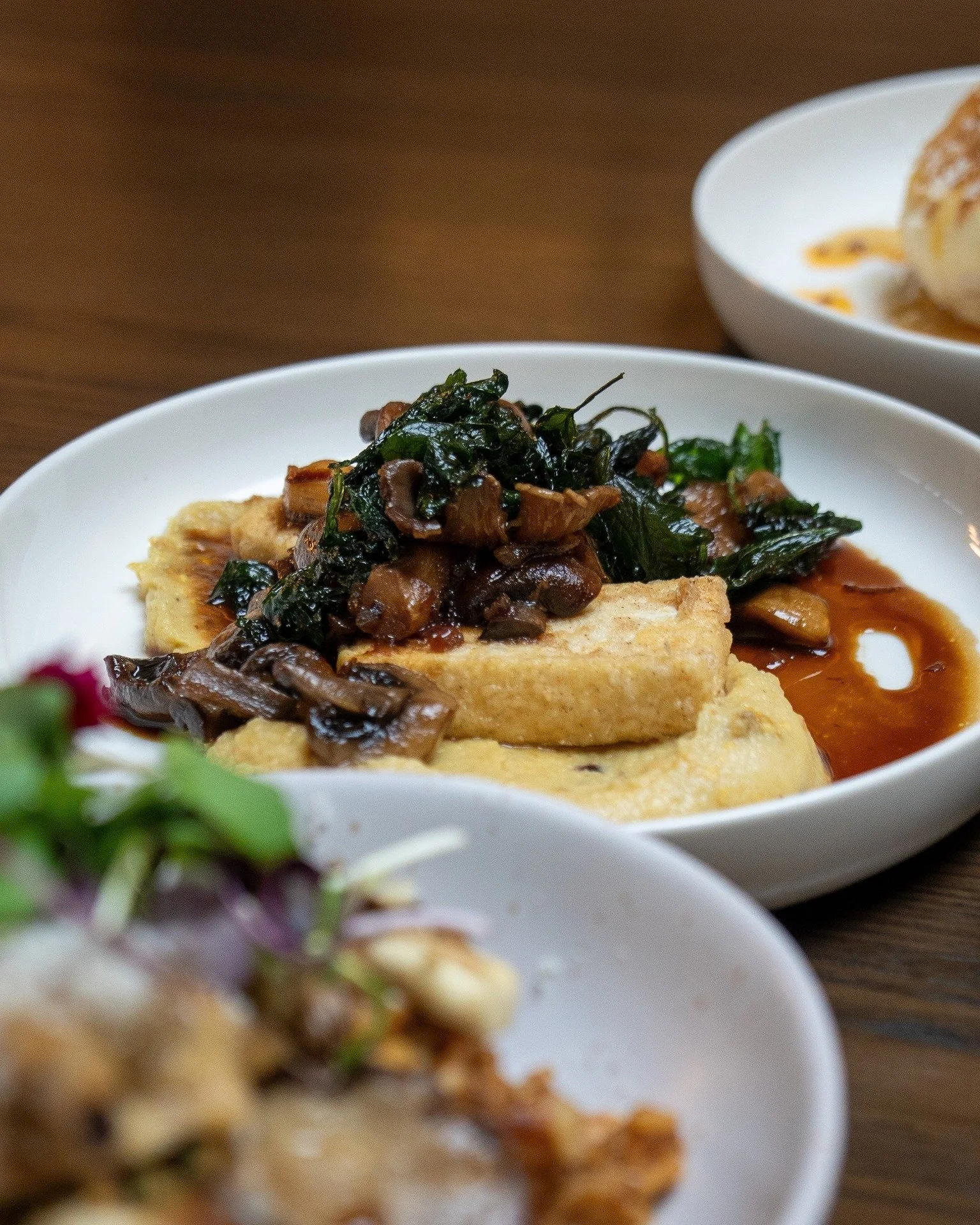 STICKY FRIED TOFU
fried tofu, maple soy glaze, parsnip skordalia, crispy sage, sauteed mushroom.

come out and try it! 
8 till 4, everyday.