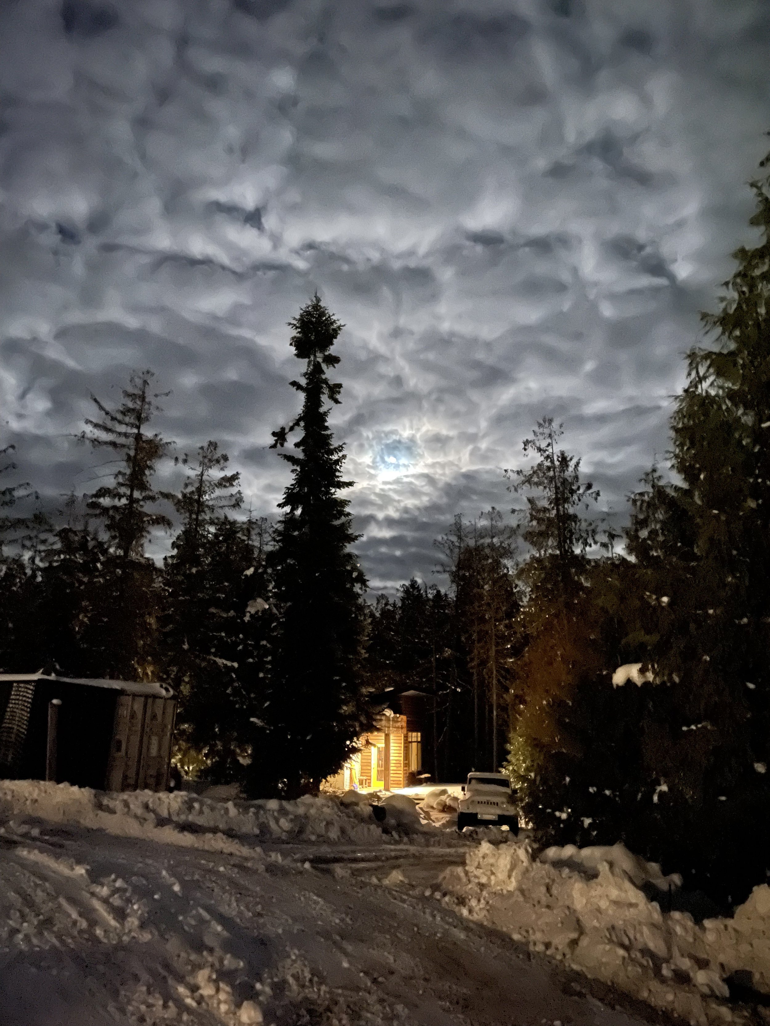  My little cabin, lit up against a bright full moon night sky. 