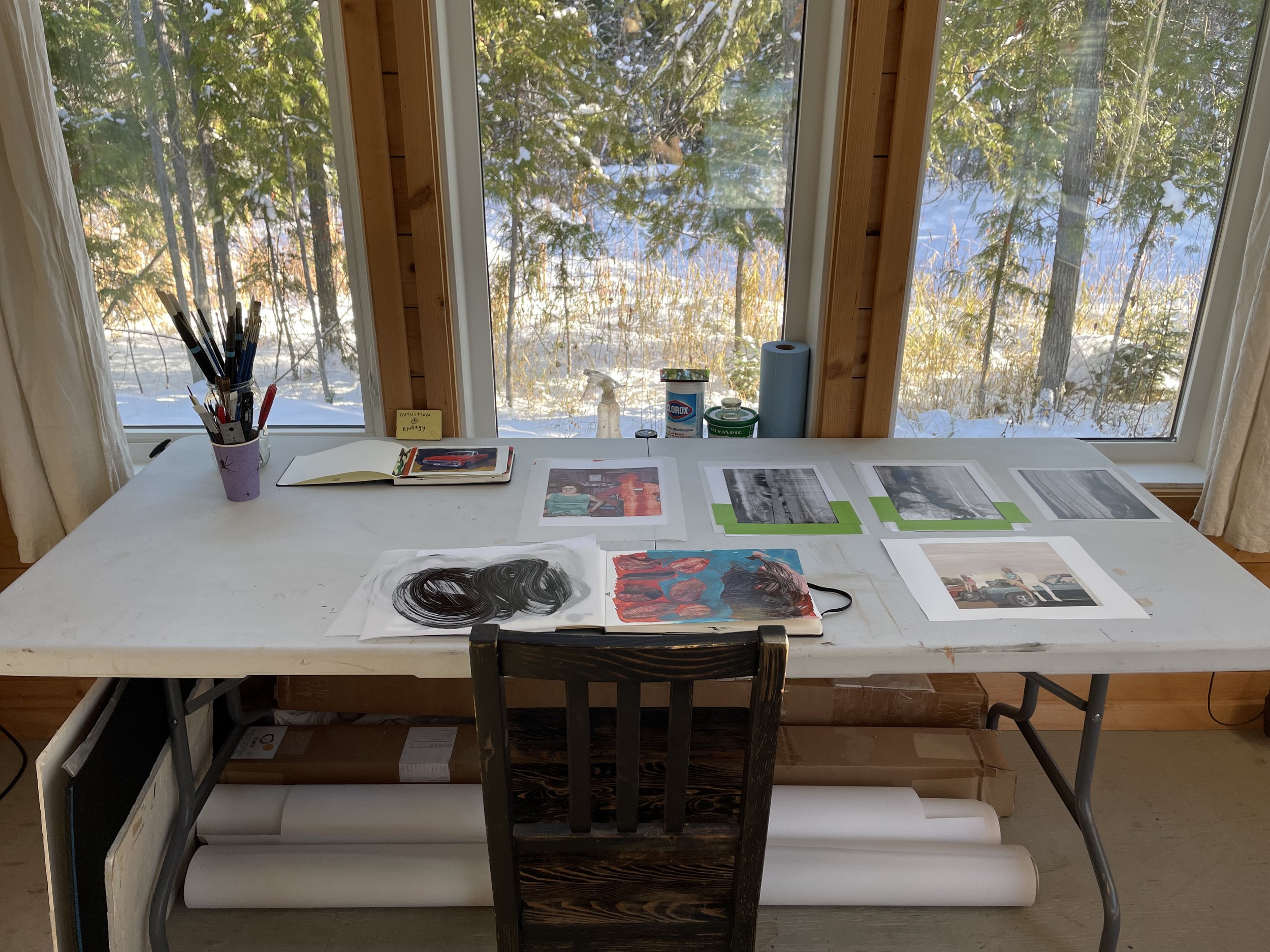  Work table, looking out at the pond. 