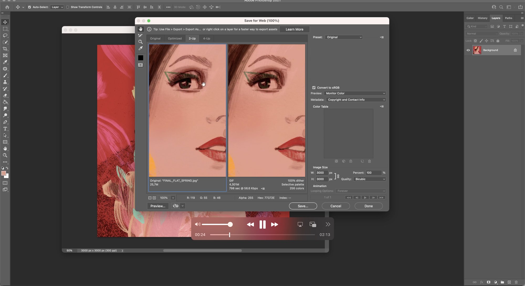 After importing the sketchbook painting into Photoshop, editing with digital tools