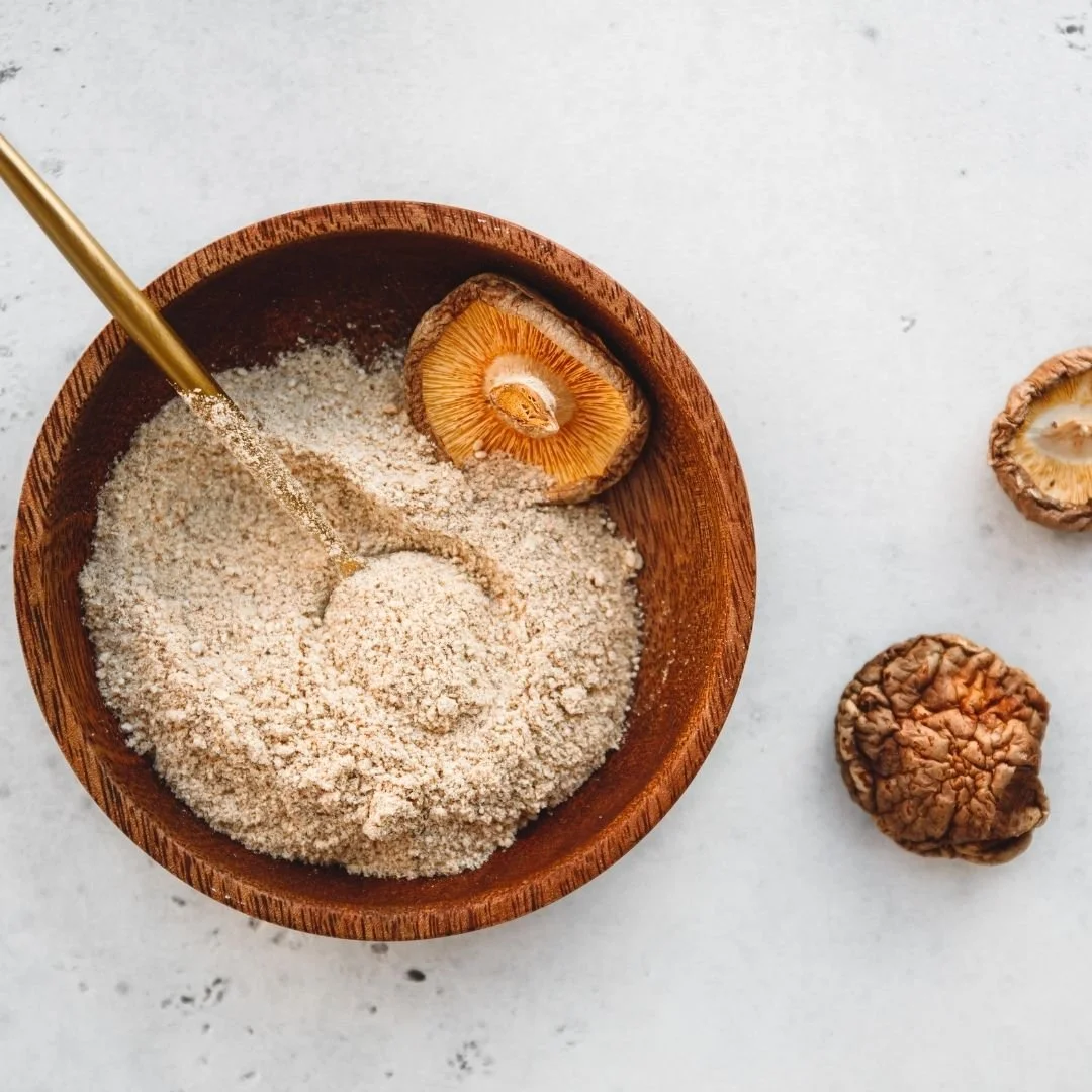 A mushroom powder blend in a bowl