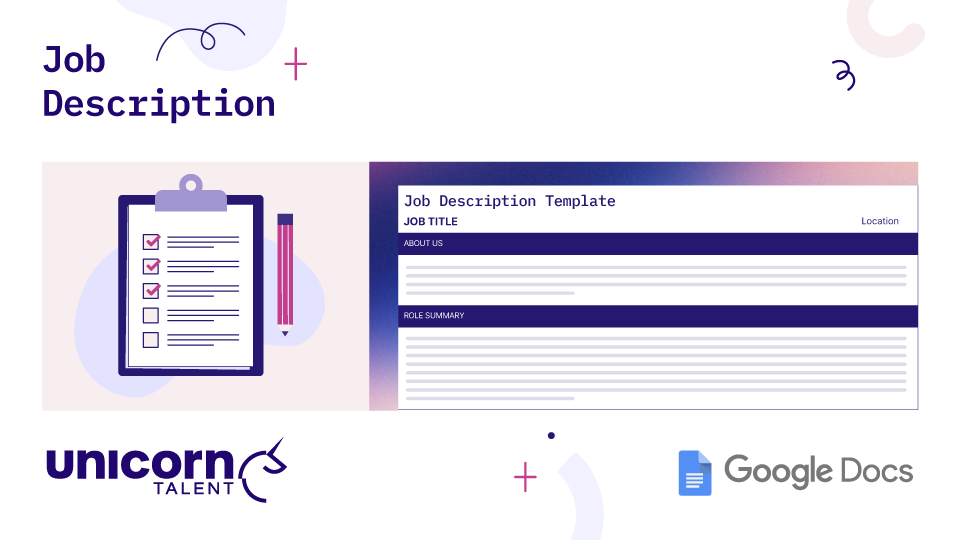 Graphic titled "Job Description" by Unicorn Talent. Displays a Google Docs interface featuring a "Job Description Template" containing structured placeholder blocks for Job Title, Location, About Us, and Role Summary headers.
