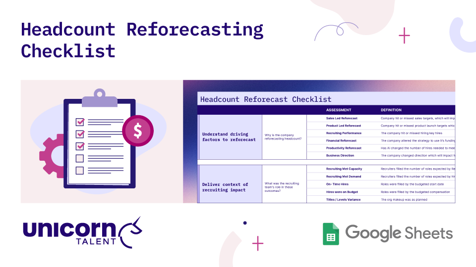 Graphic titled "Headcount Reforecasting Checklist" by Unicorn Talent. Shows a Google Sheets checklist outlining assessment types (Sales, Product, Finance, Productivity) and key metrics to evaluate driving factors and recruiting impacts.