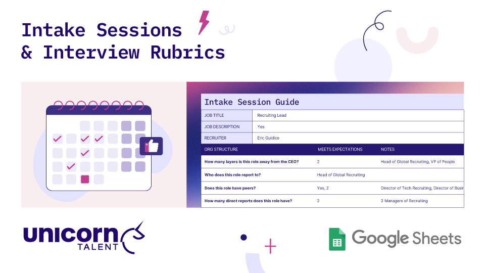 Graphic titled "Intake Sessions & Interview Rubrics" by Unicorn Talent. Displays a Google Sheets "Intake Session Guide" mapping organizational structure requirements for a Recruiting Lead role