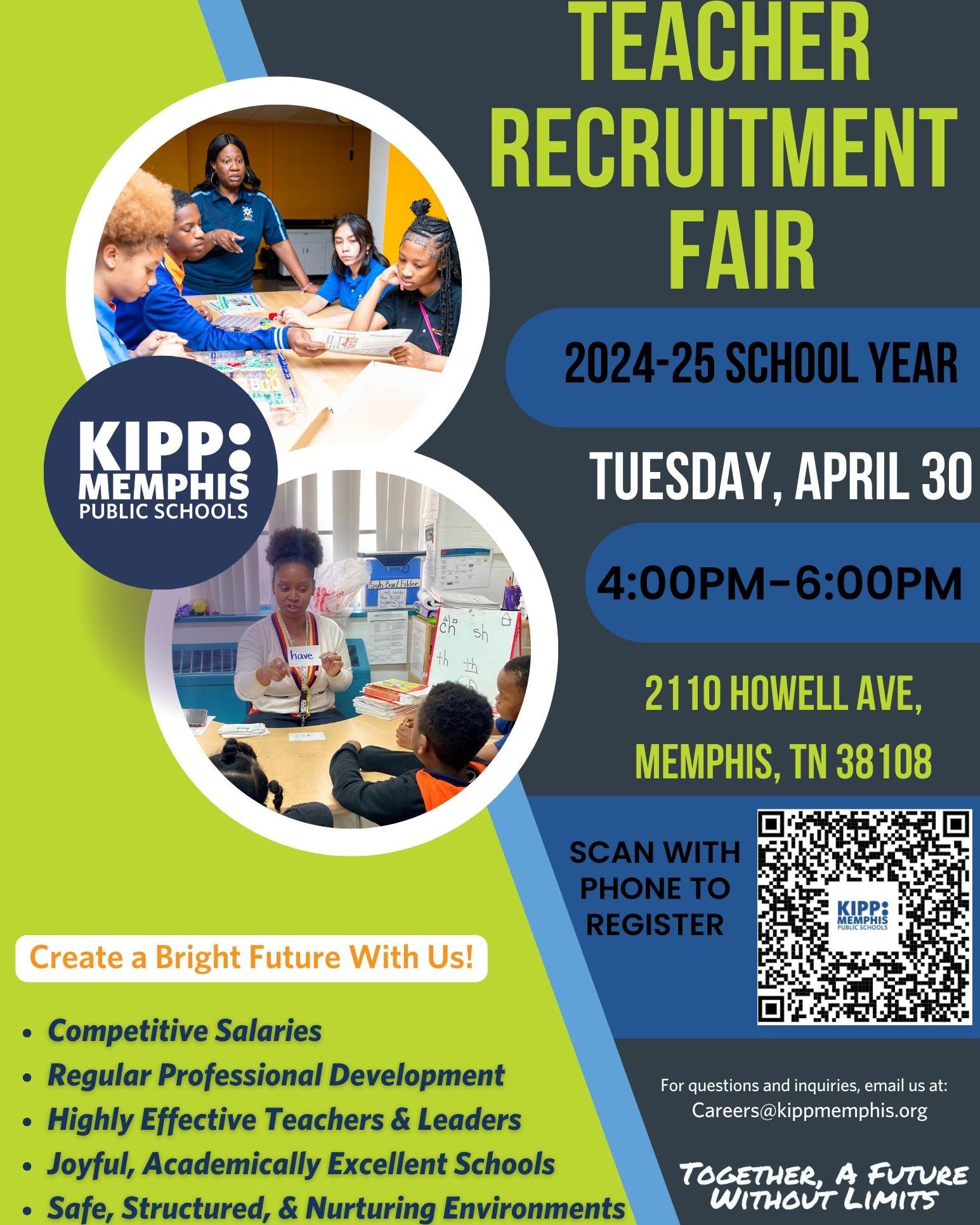 Back by popular demand! KIPP Memphis is hosting another Teacher Recruitment Fair on Tuesday, April 30th. Our last event filled up, so we are hosting another fair for those who were unable to attend.

Again, spots are limited, so register now with the