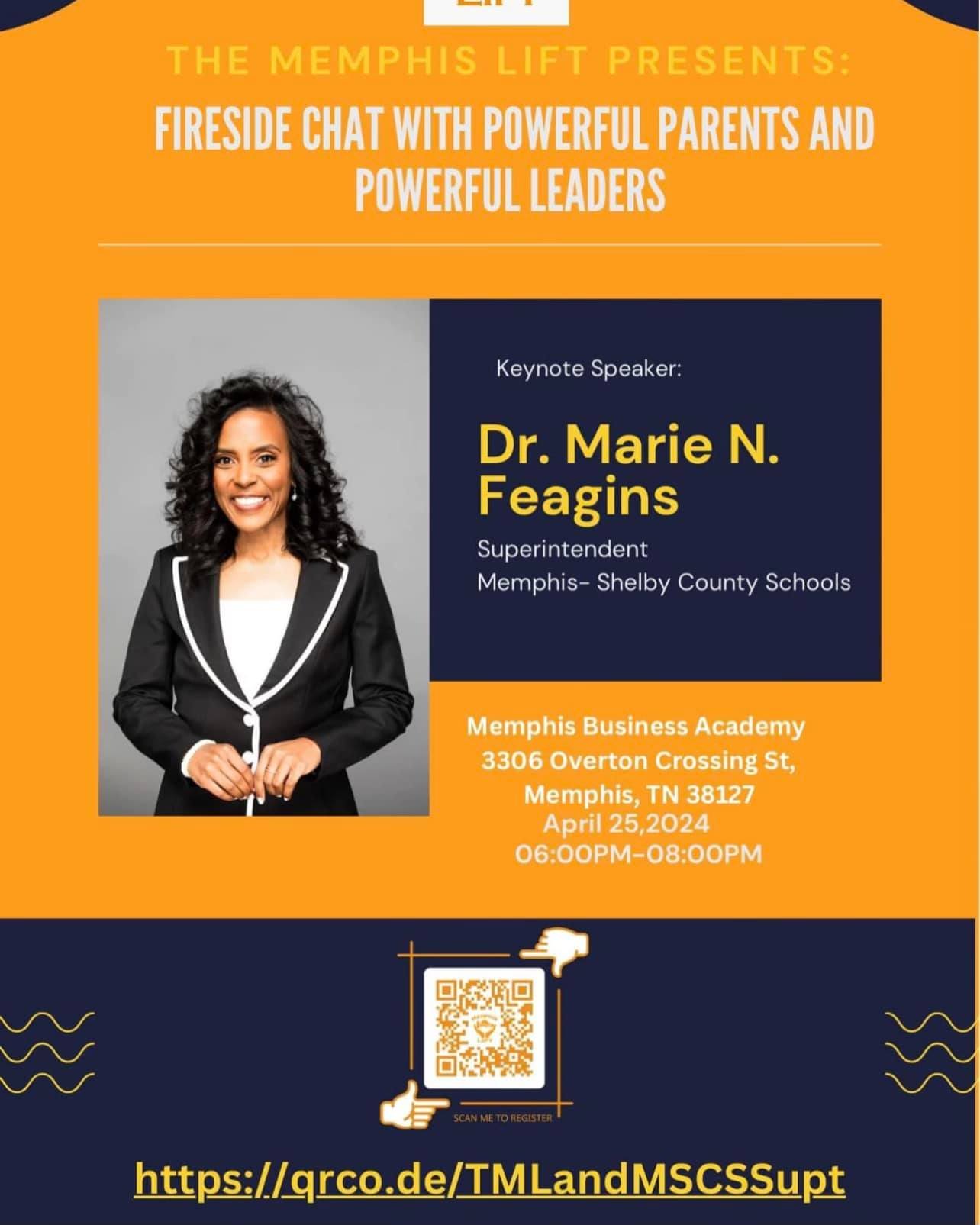 Hey families of KIPP Memphis! Come out and join our partners with The Memphis Lift to meet new Superintendent, Dr. Feagins and learn more about her vision for Charter schools in our area! This meeting is one week from today! See the flyer attached an