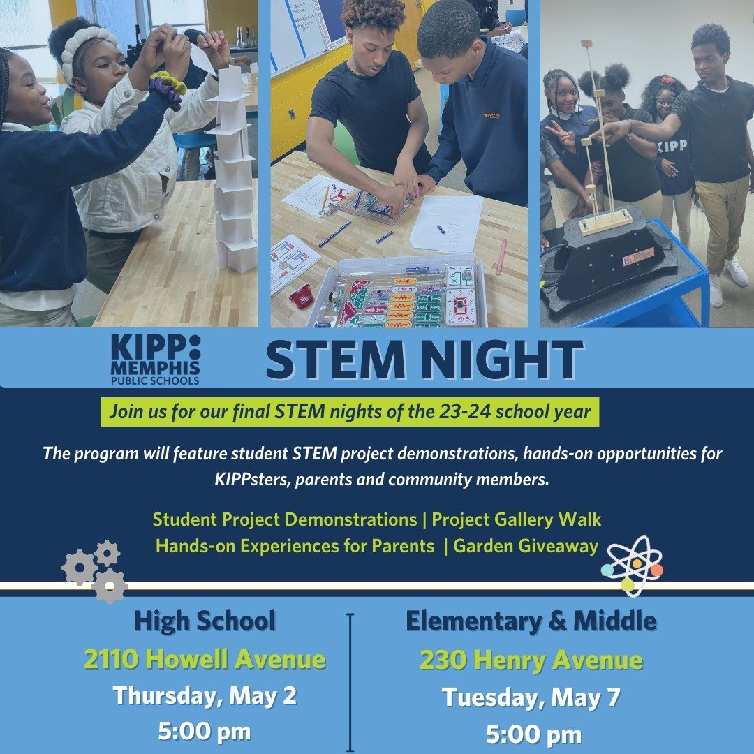 Friends and Families! Don't forget, our first stop of our end of the year STEM Night is TONIGHT. We hope to see you at 5pm at @kmch_kippmemphis