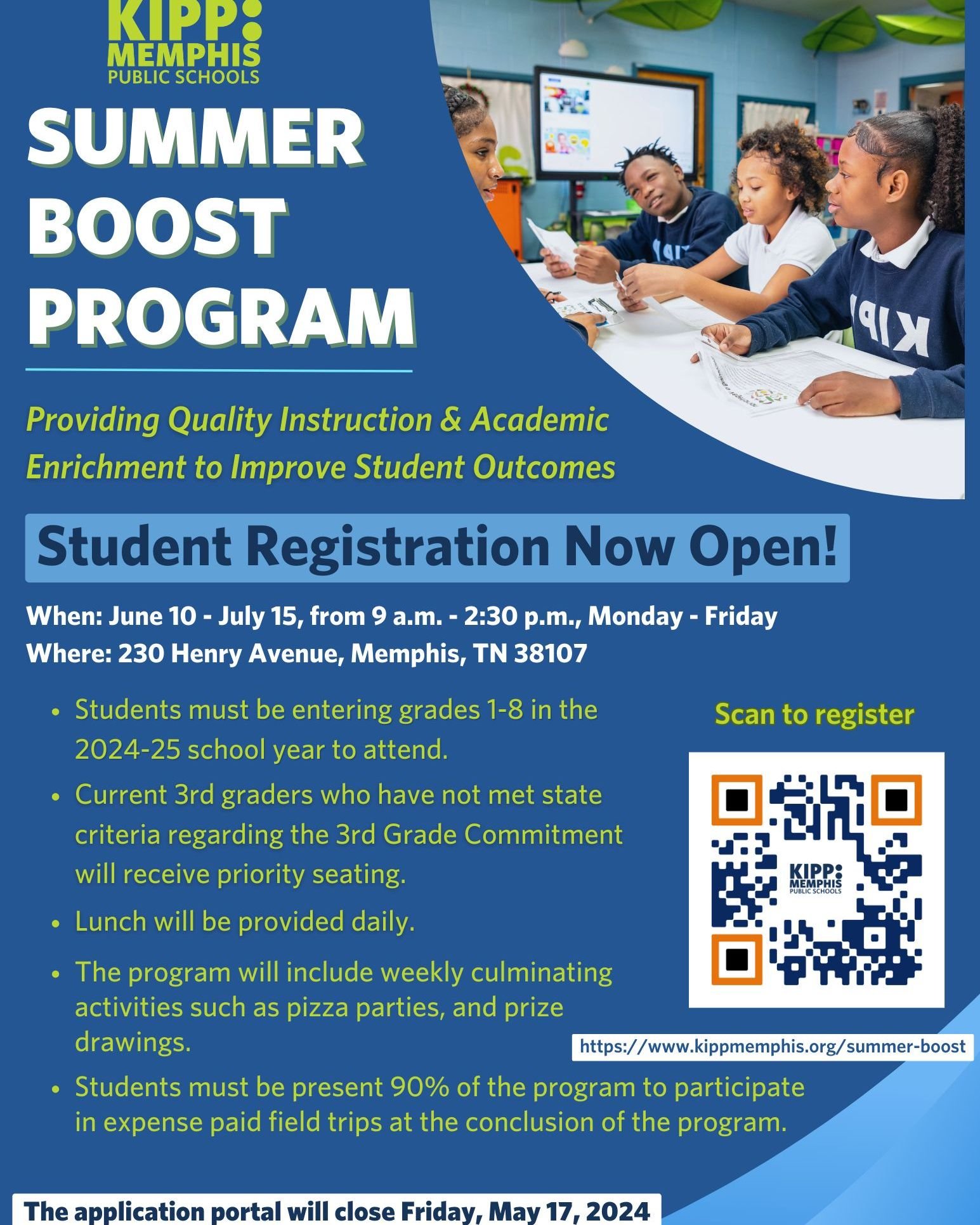 Families of rising 1-8 graders, don't miss out on this great opportunity for enrichment and fun learning during Summer Boost! We're also hiring educators! Learn more and apply here by May 17: https://www.kippmemphis.org/summer-boost