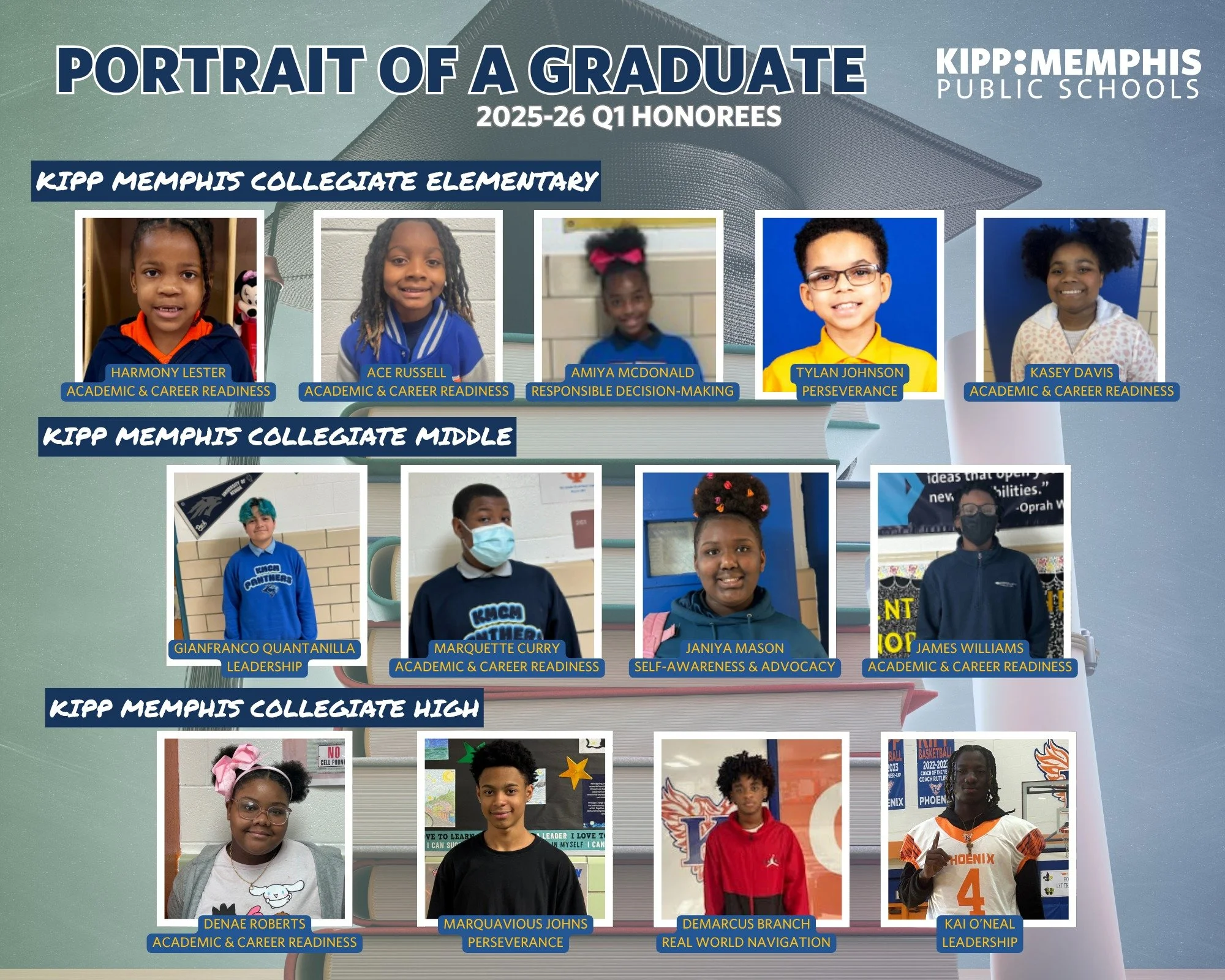 From the classroom to the community, our Quarter 1 Portrait of a Graduate honorees shine bright! 🌟 
Congratulations to these scholars - and to those not pictured - who are living out the values that prepare them for college, career, and beyond. 
L