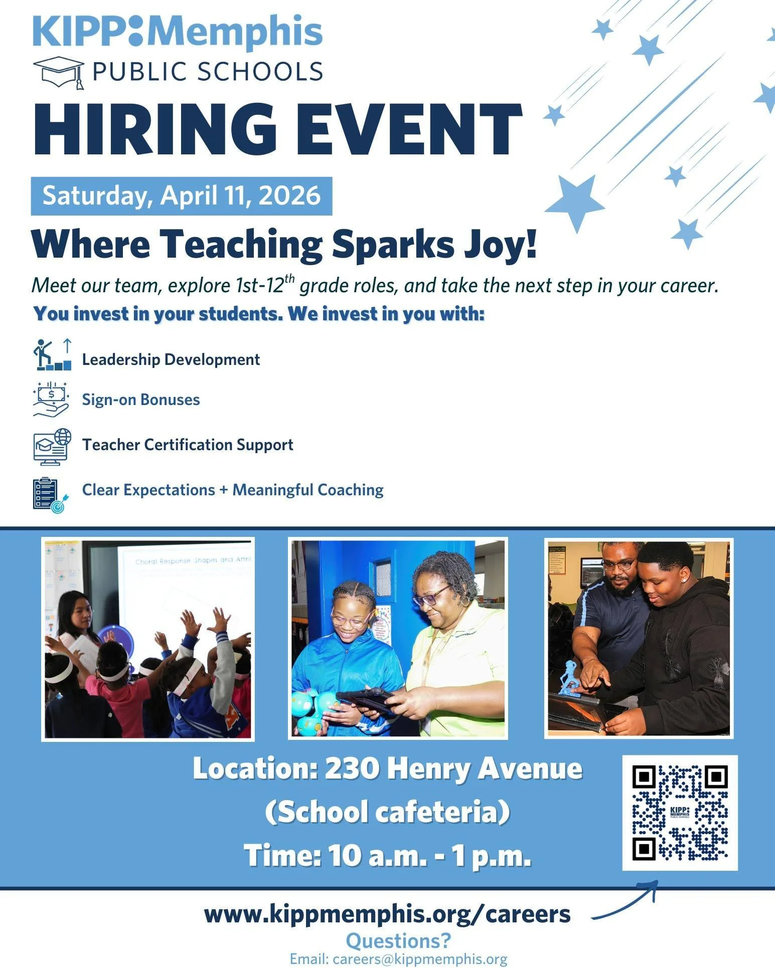 Educators who care, this is your place! 

Saturday, April 11, 10am&ndash;1pm - come meet us and see how you can help our students thrive!

https://www.kippmemphis.org/joinourteam