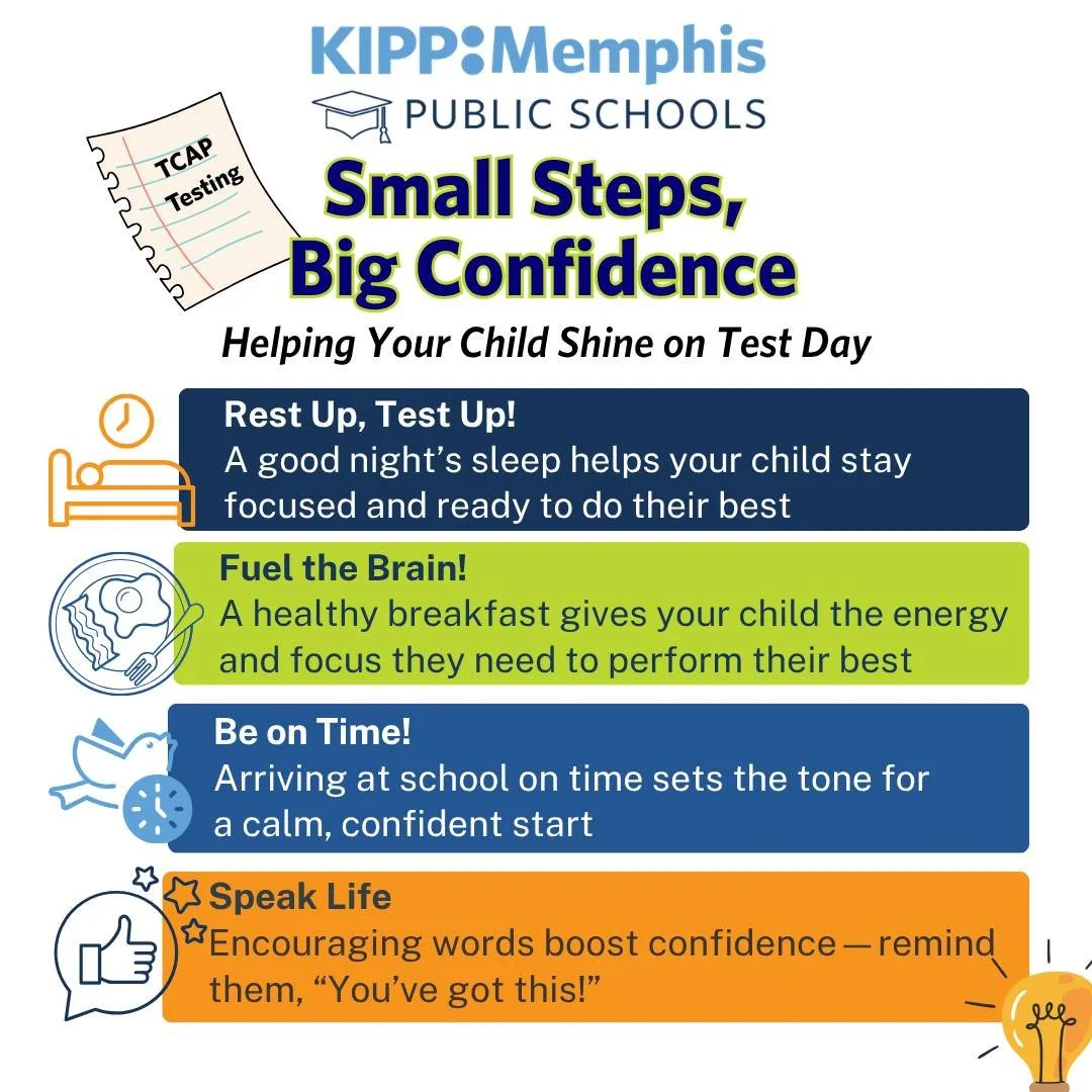 Tomorrow TCAP and EOC assessments begin, KIPPsters! 💪🏽
Get a good night&rsquo;s rest, eat a healthy breakfast, and make sure you arrive on time ready to shine.

You&rsquo;ve put in the work. Now it&rsquo;s time to show it. We believe in you. Let&rs