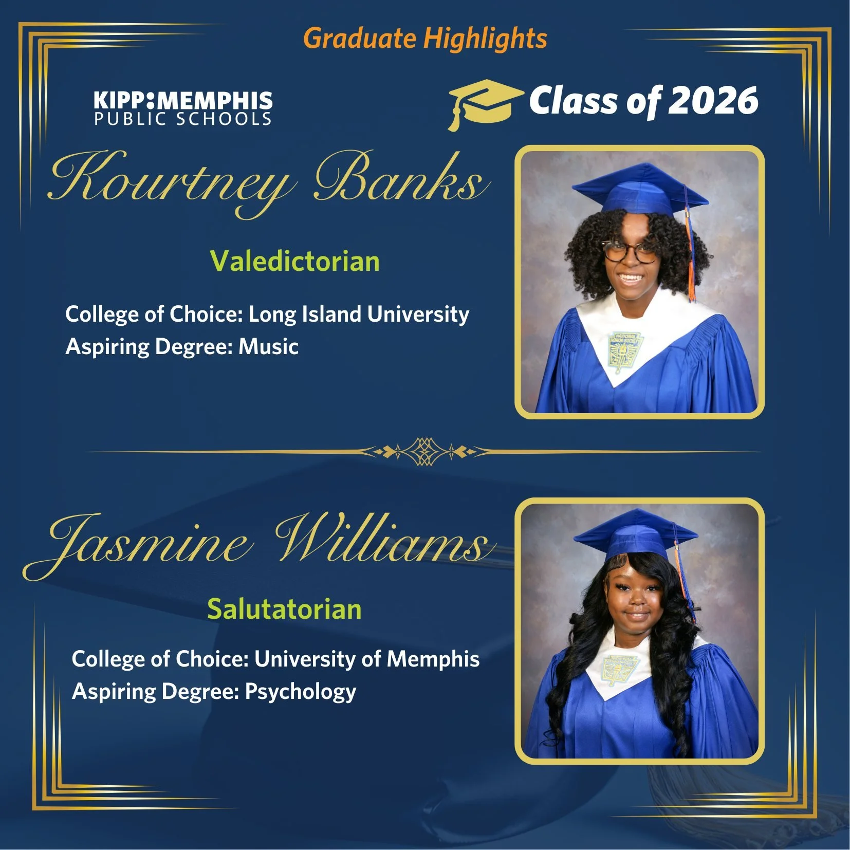 Graduation Day is here. 🎓

As we count down to tonight&rsquo;s celebration, we&rsquo;re starting by spotlighting our Class of 2026 Valedictorian and Salutatorian: two scholars whose hard work and dedication will lead them to new heights! #KIPPMemphi