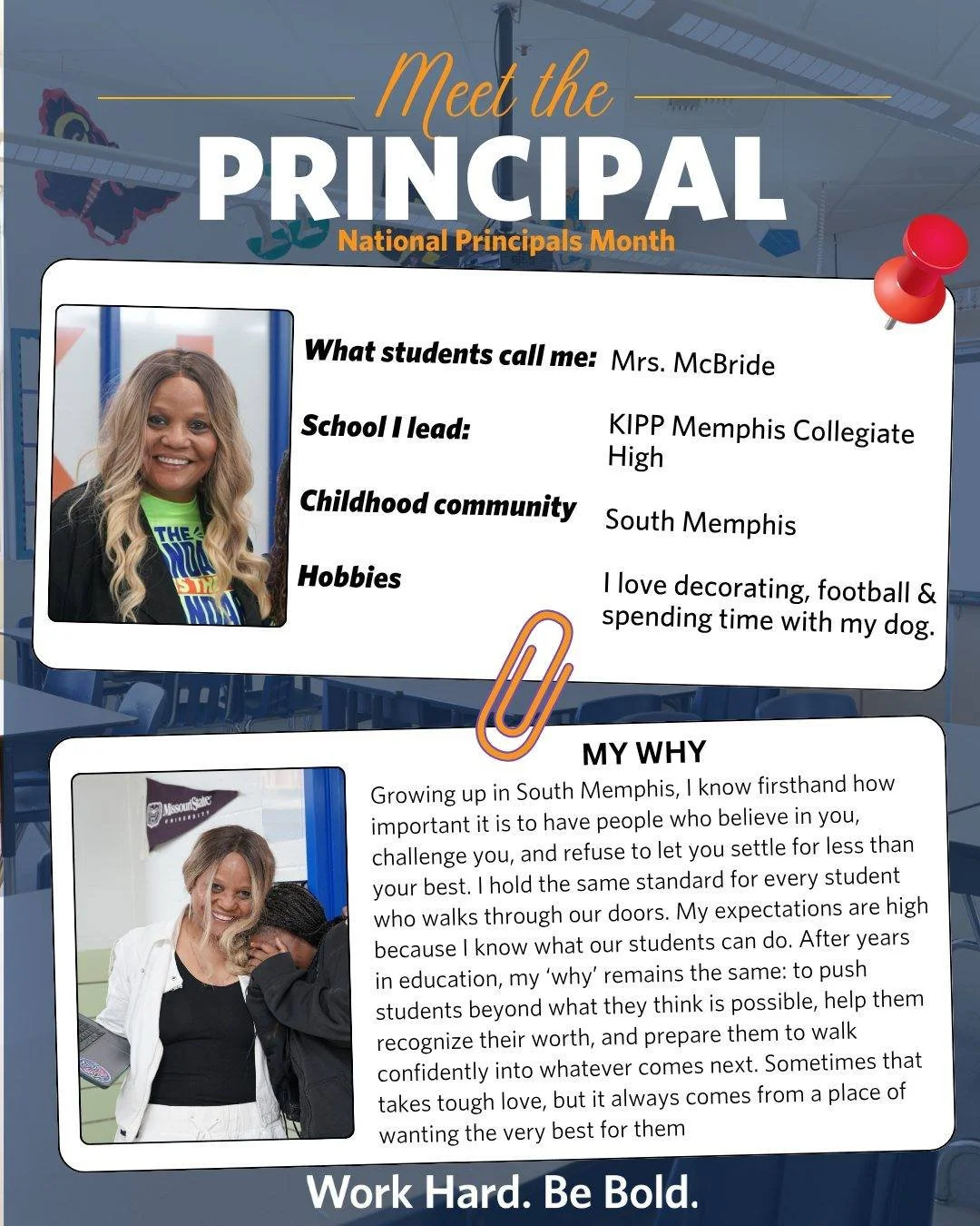 Next up in our Principal Month spotlights is Mrs. Tonye Smith-McBride, Principal of KIPP Memphis Collegiate High School!

With high expectations, a heart for students, and a commitment to excellence, Mrs. Smith-McBride has been instrumental in challe